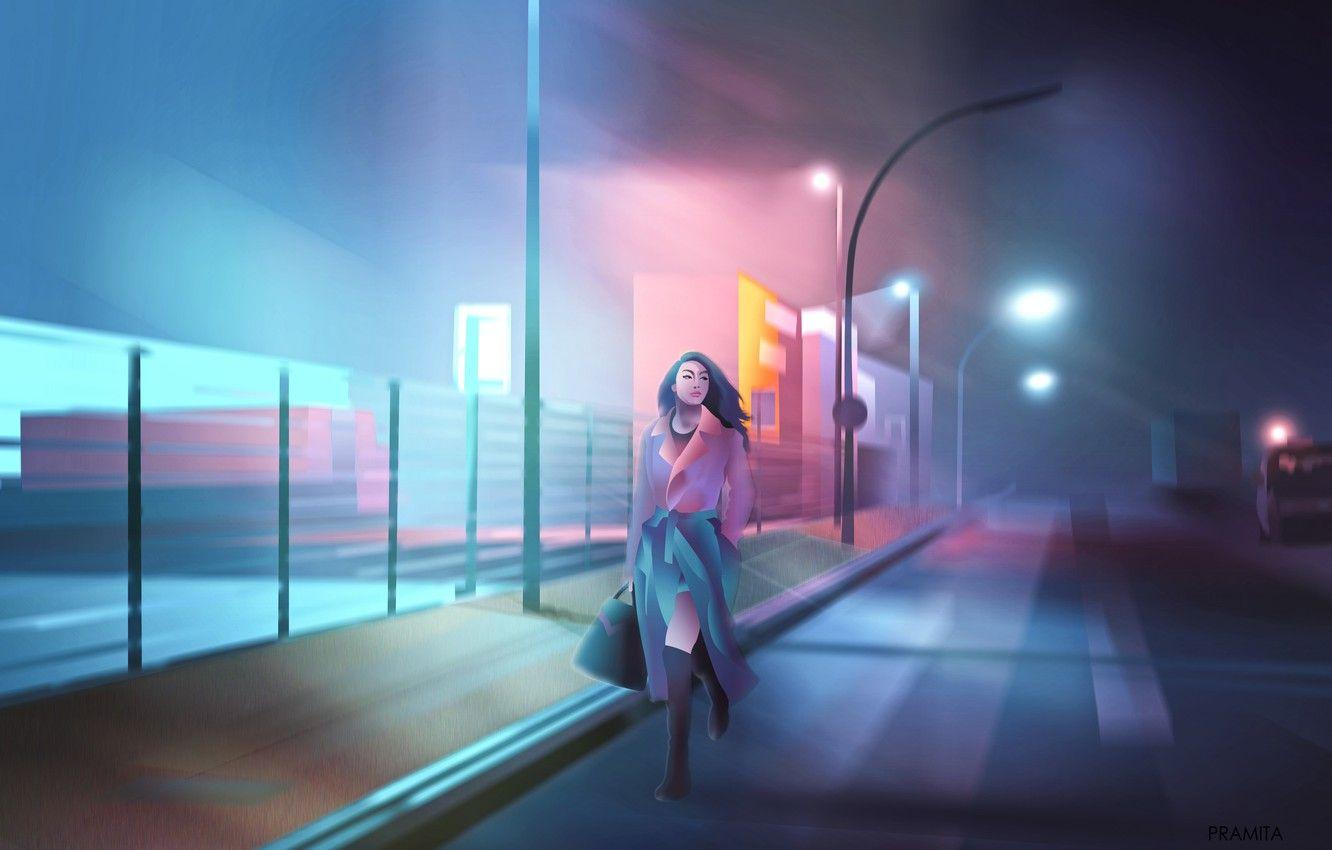 1332x850 Wallpaper city, girl, alone, cyberpunk, painting, digital art, illustration, backgroud, dawn of darkness, purple colors, neon colors, street background image for desktop, section арт