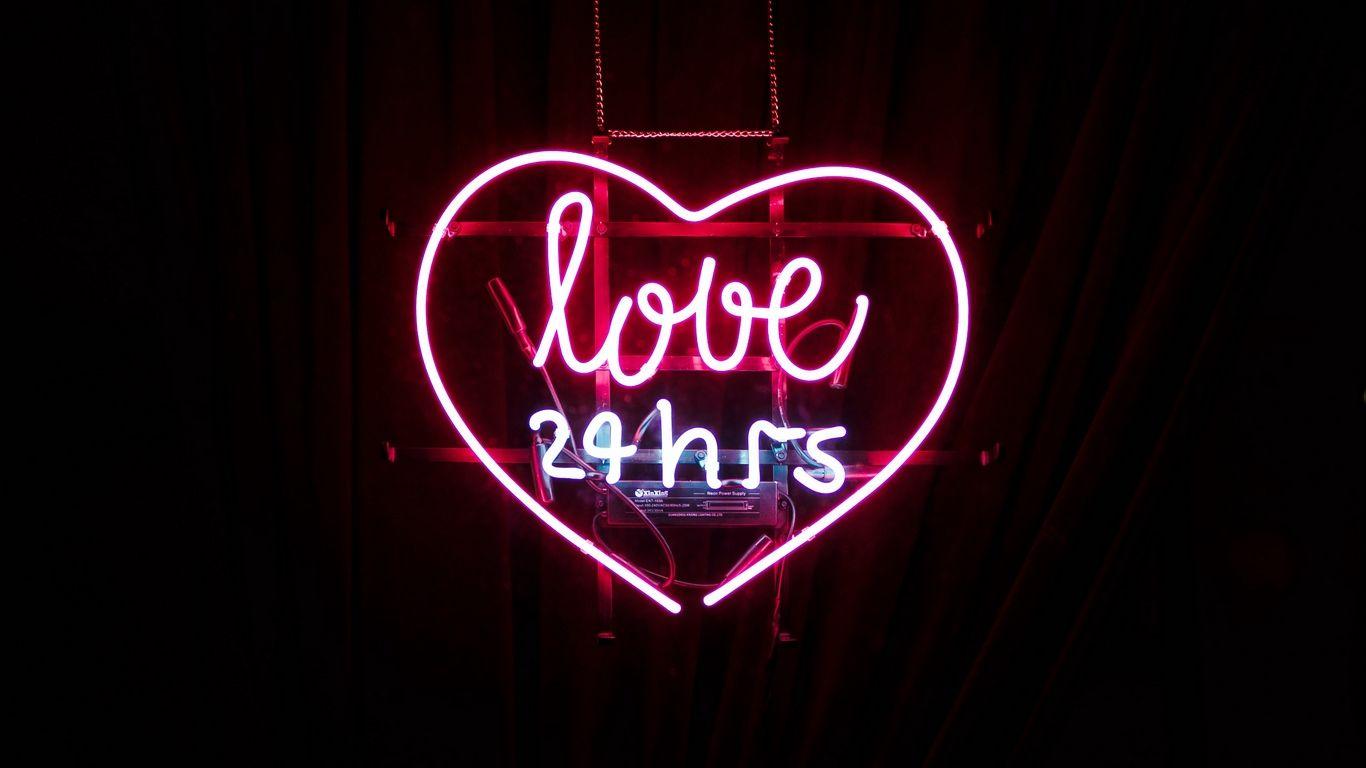 1366x768 Download wallpaper 1366x768 heart, inscription, neon, love tablet