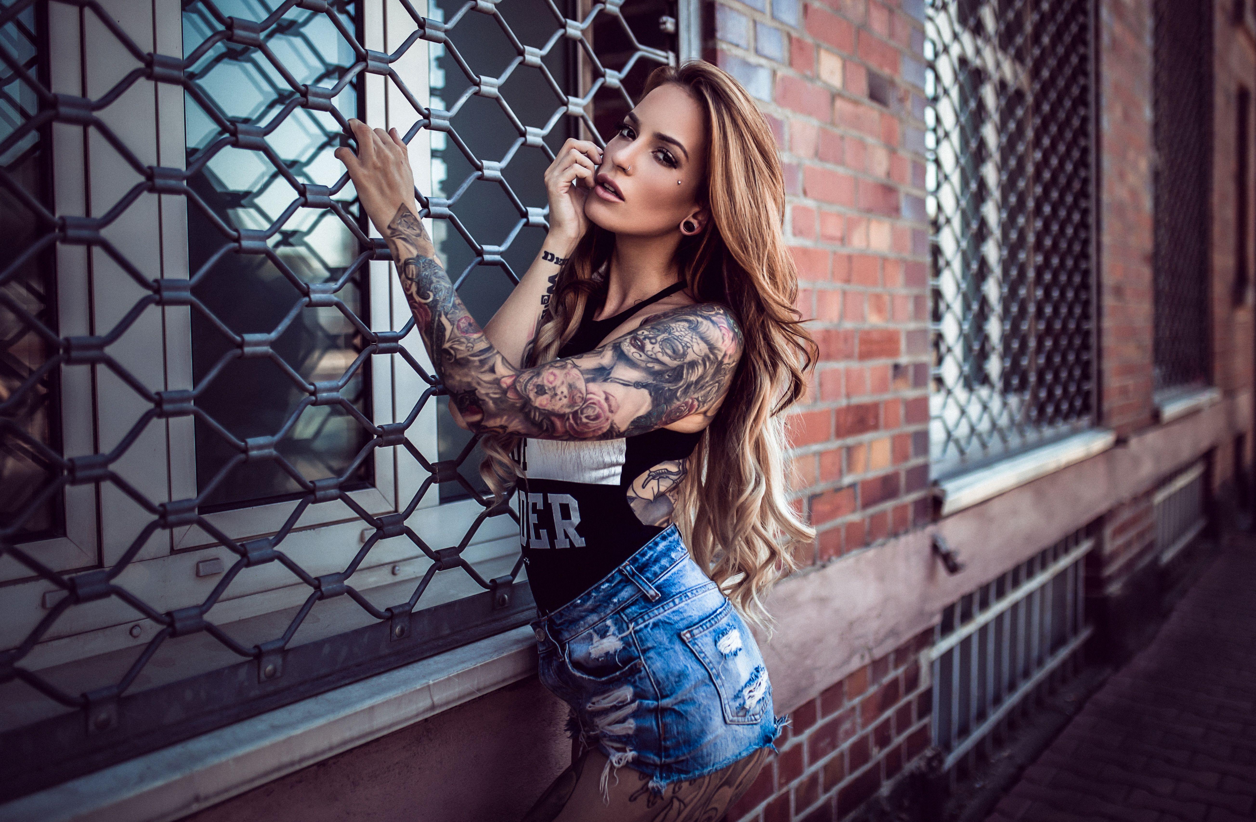 5216x3414 #jean shorts, #model, #tattoo, #inked girls, wallpaper