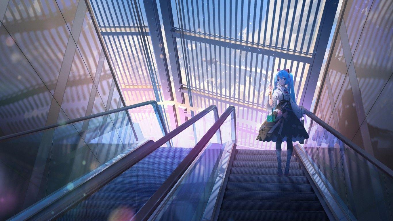 1366x768 Download 1366x768 Vocaloid, Hatsune Miku, Stairs, Aqua Hair