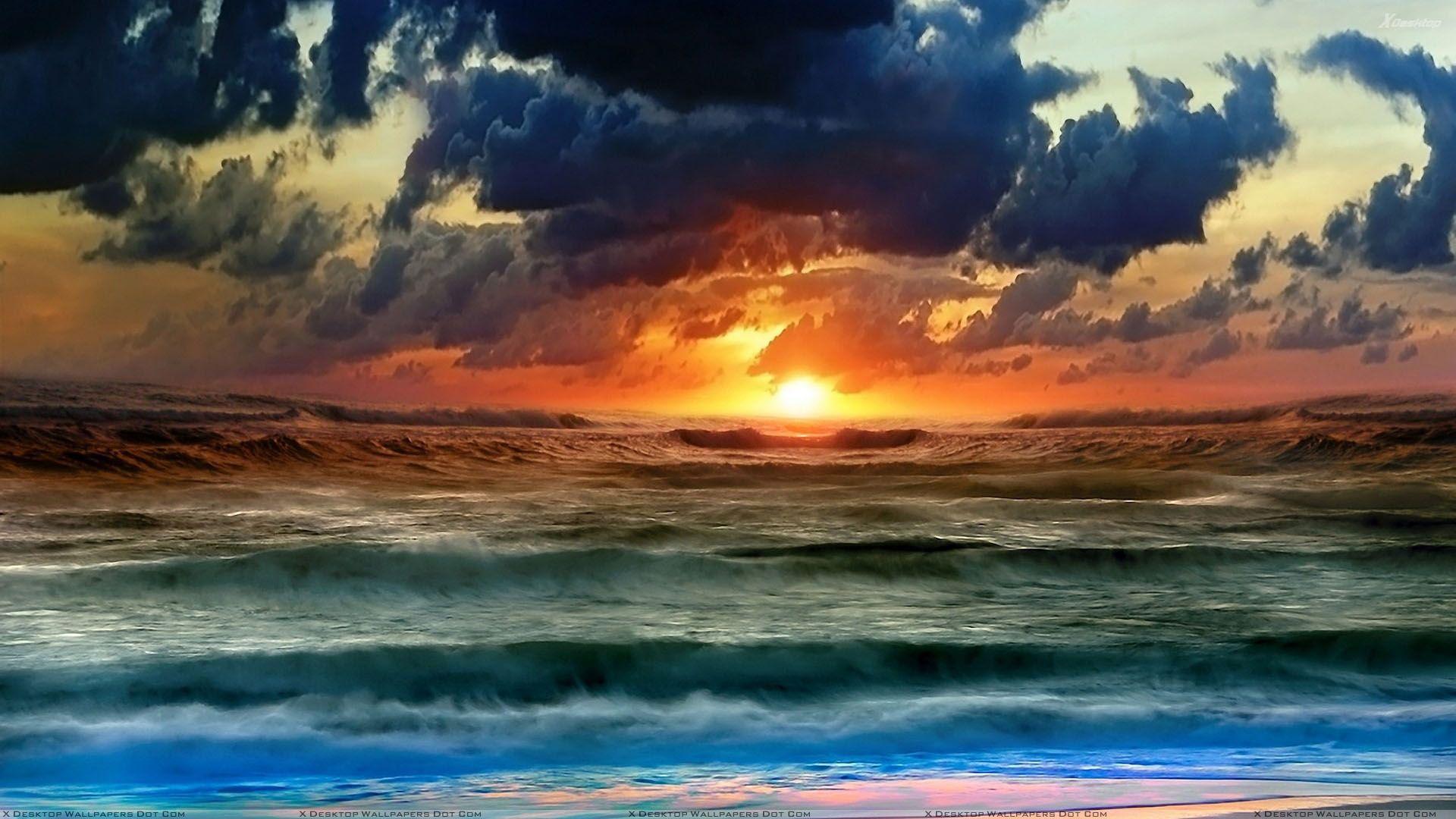 1920x1080 Sunset Scene Near Sea Side And Cloudy Sky Wallpaper