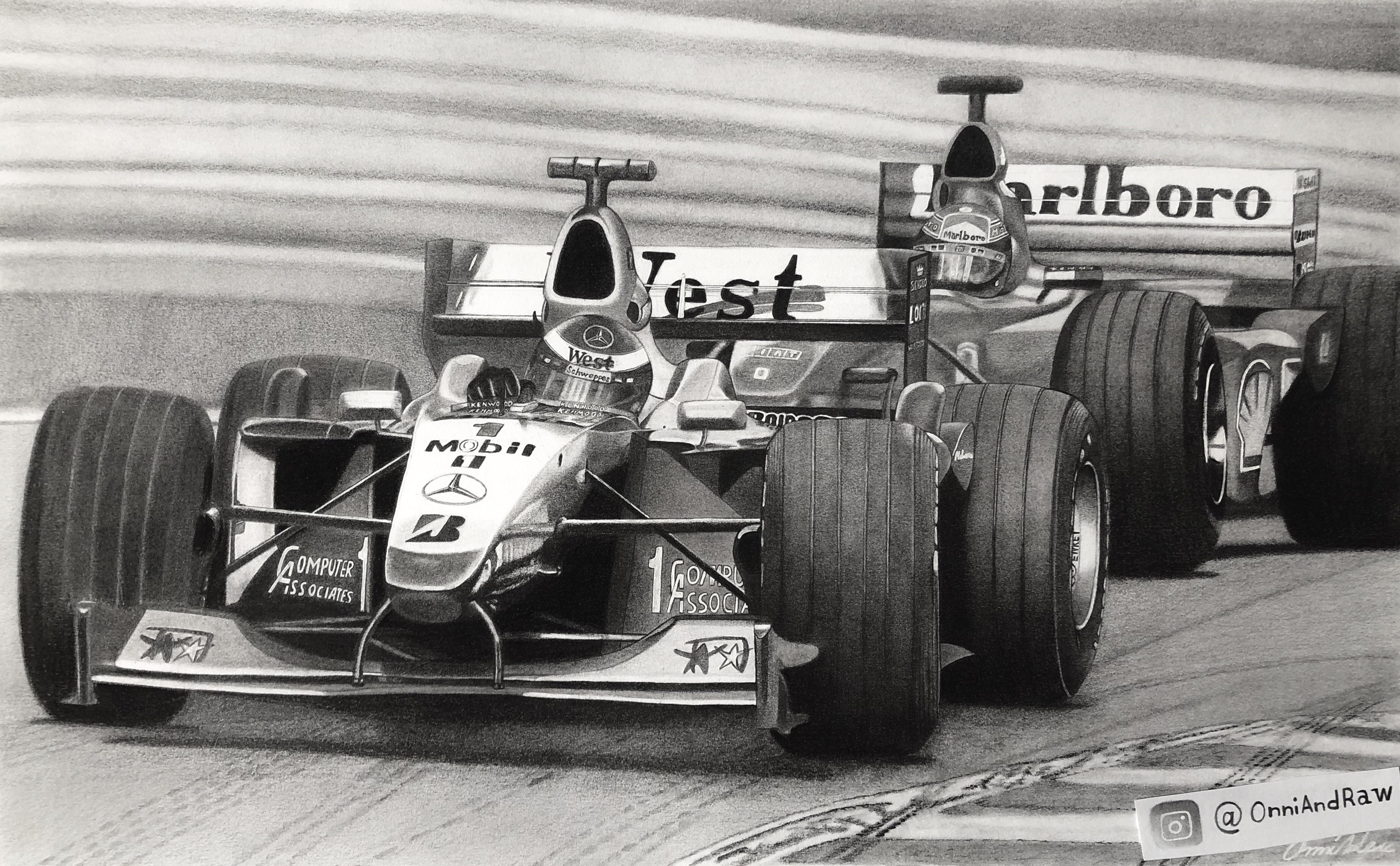 3698x2288 Drawing of Mika Häkkinen battling it out with Michael