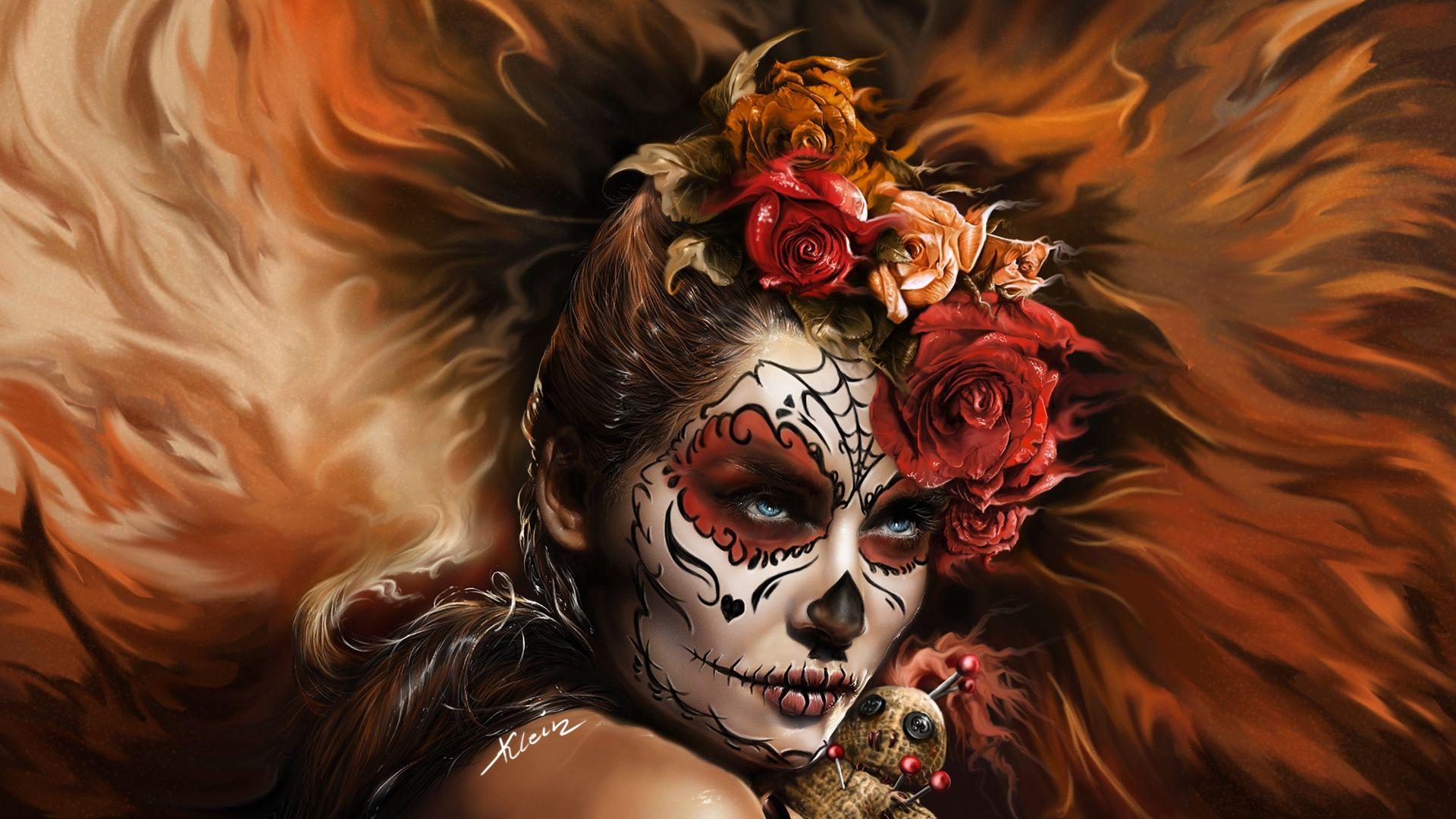 1920x1080 Wallpaper of Blue Eyes, Face, Flower, Girl, Rose, Sugar Skull