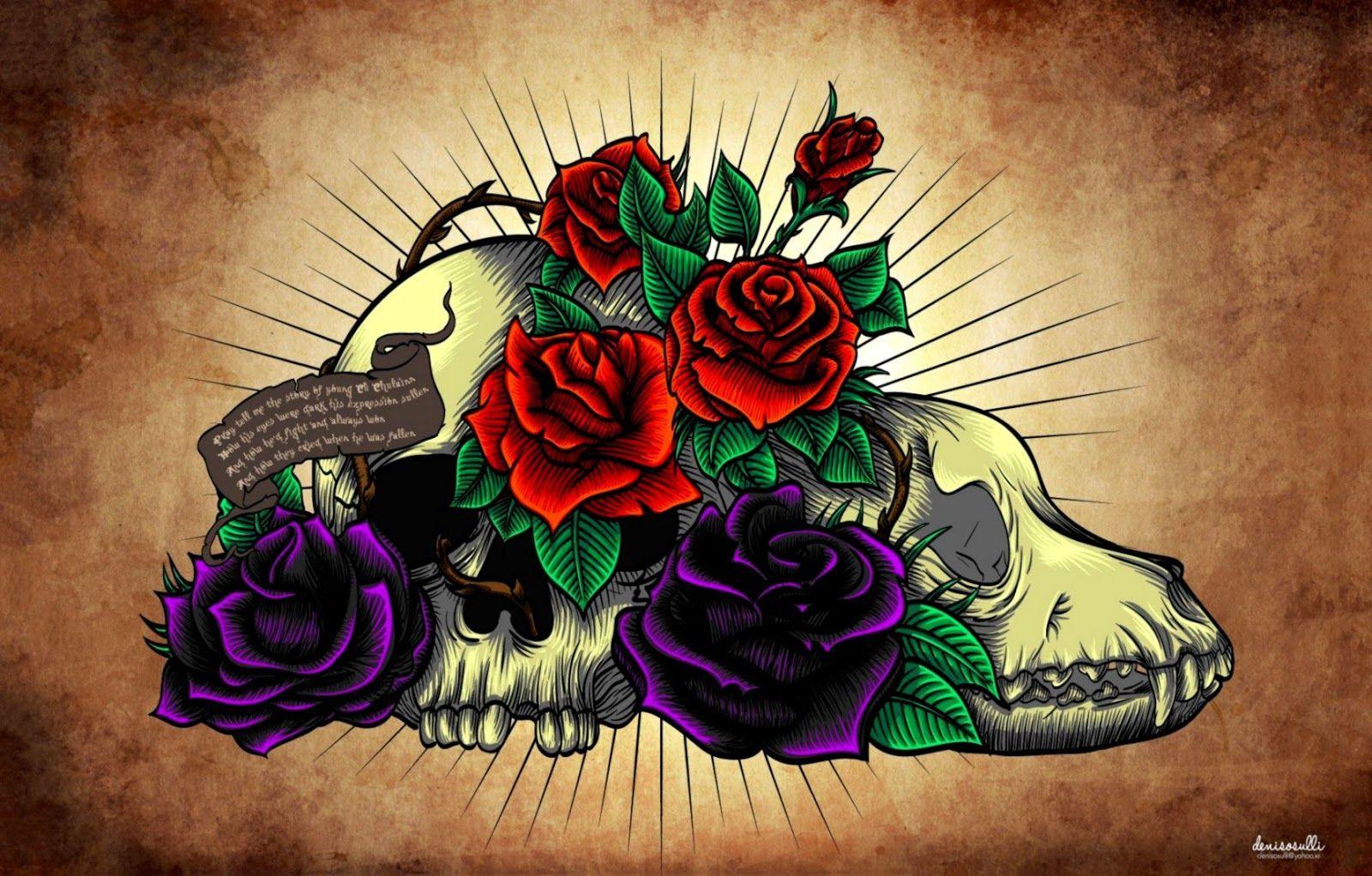 1600x1022 Cool Skull And Roses Wallpaper