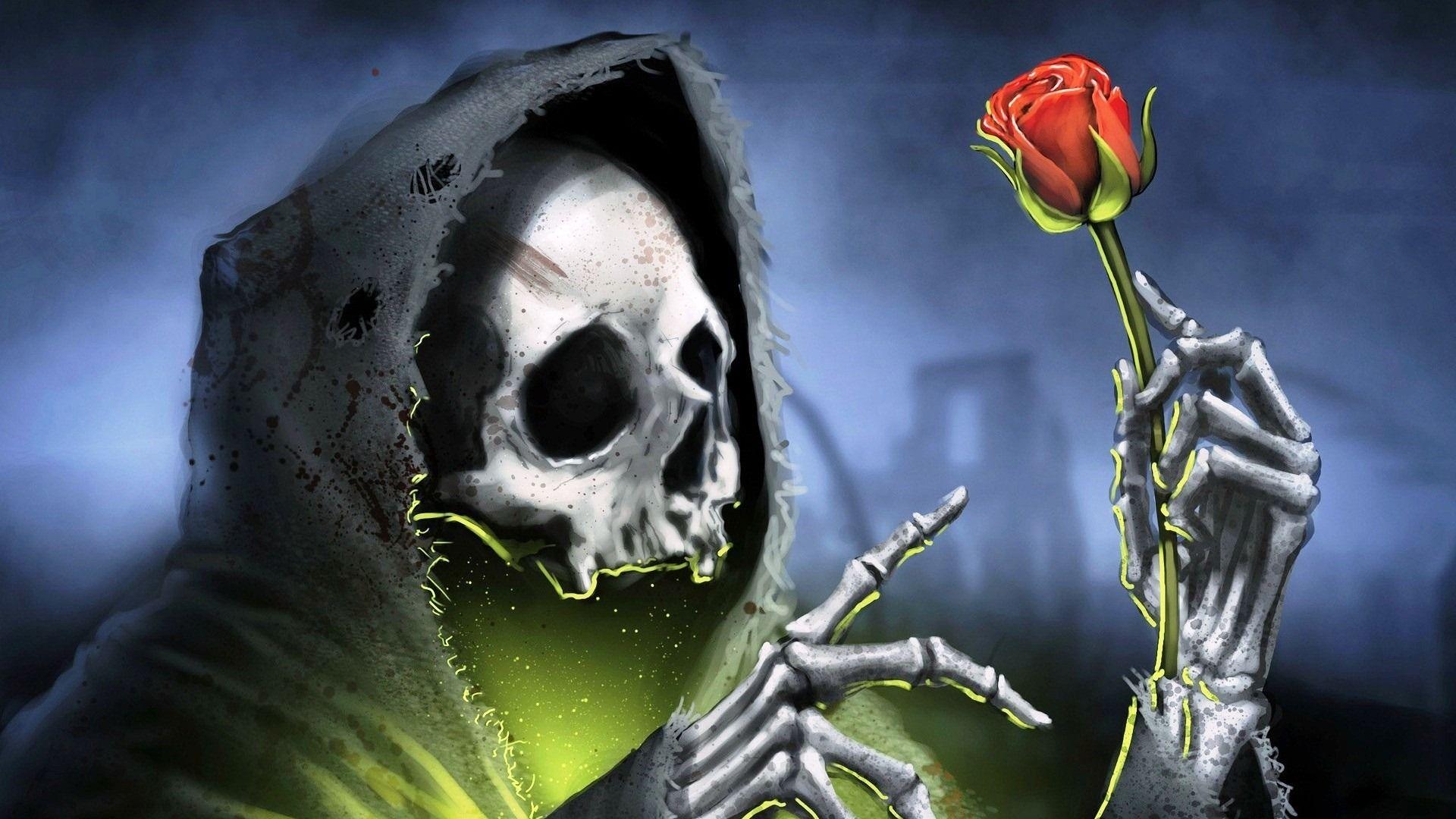 1920x1080 Skull And Flowers Wallpaper