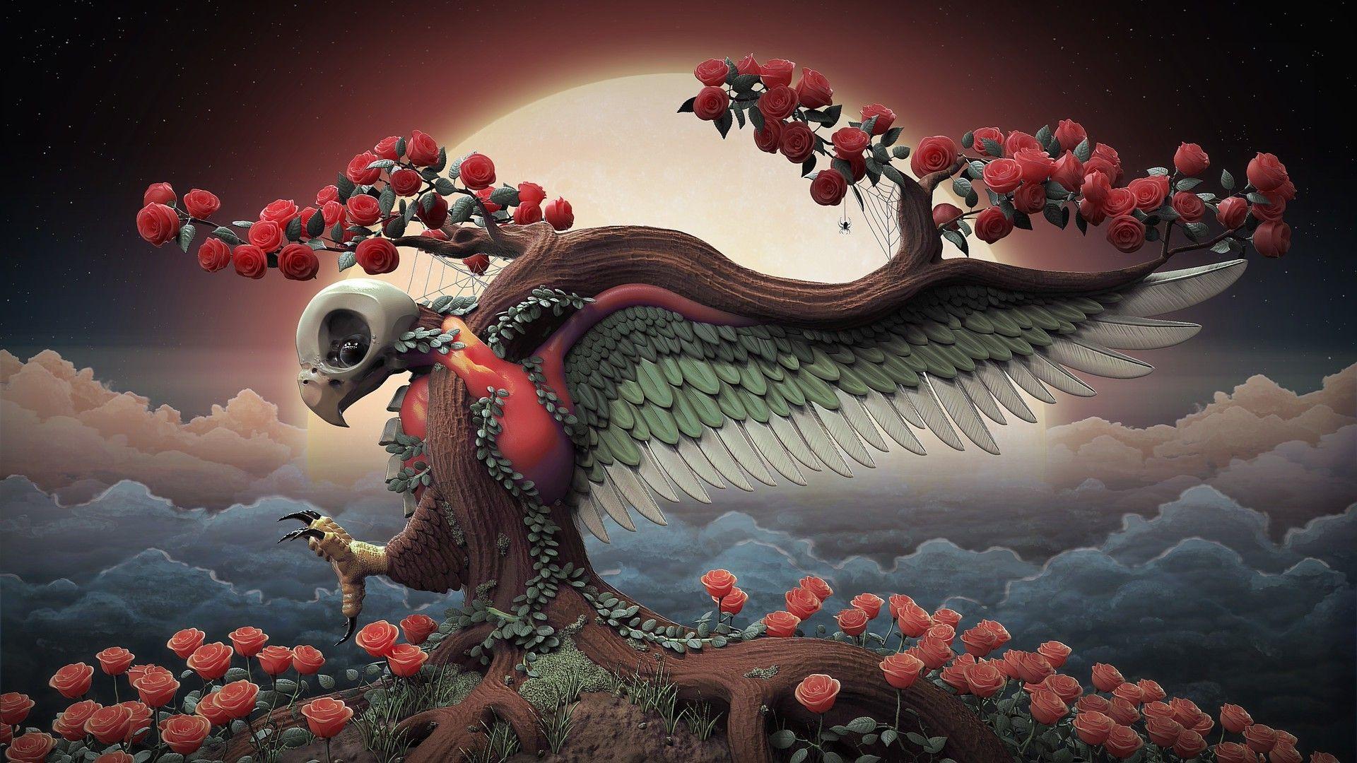 1920x1080 birds trees skull rose Wallpaper HD / Desktop and Mobile Background