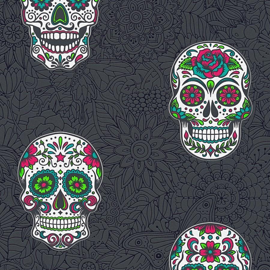 900x900 Tropicana Club Black and Multi Skulls Wallpaper