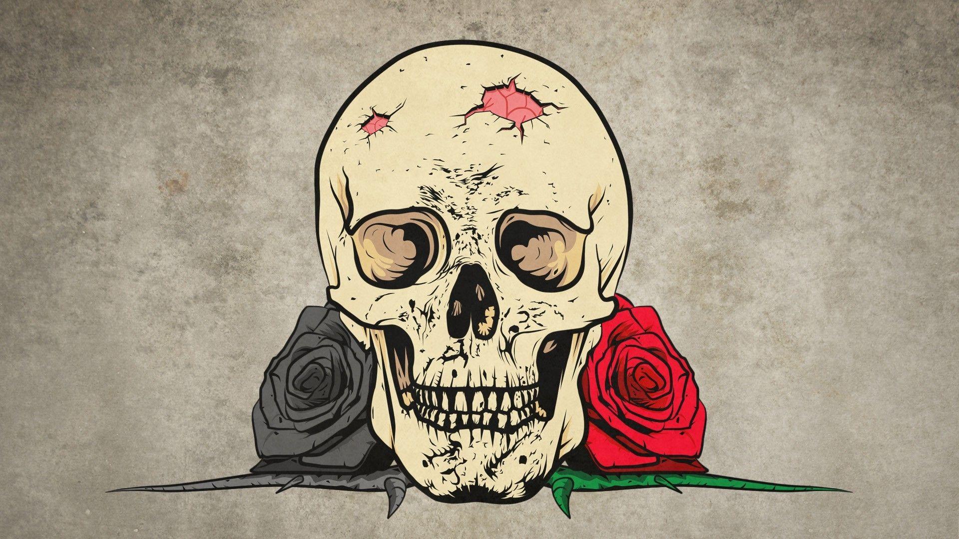 1920x1080 digital Art, Drawing, Skull, Rose, Teeth, Flowers, Thorns