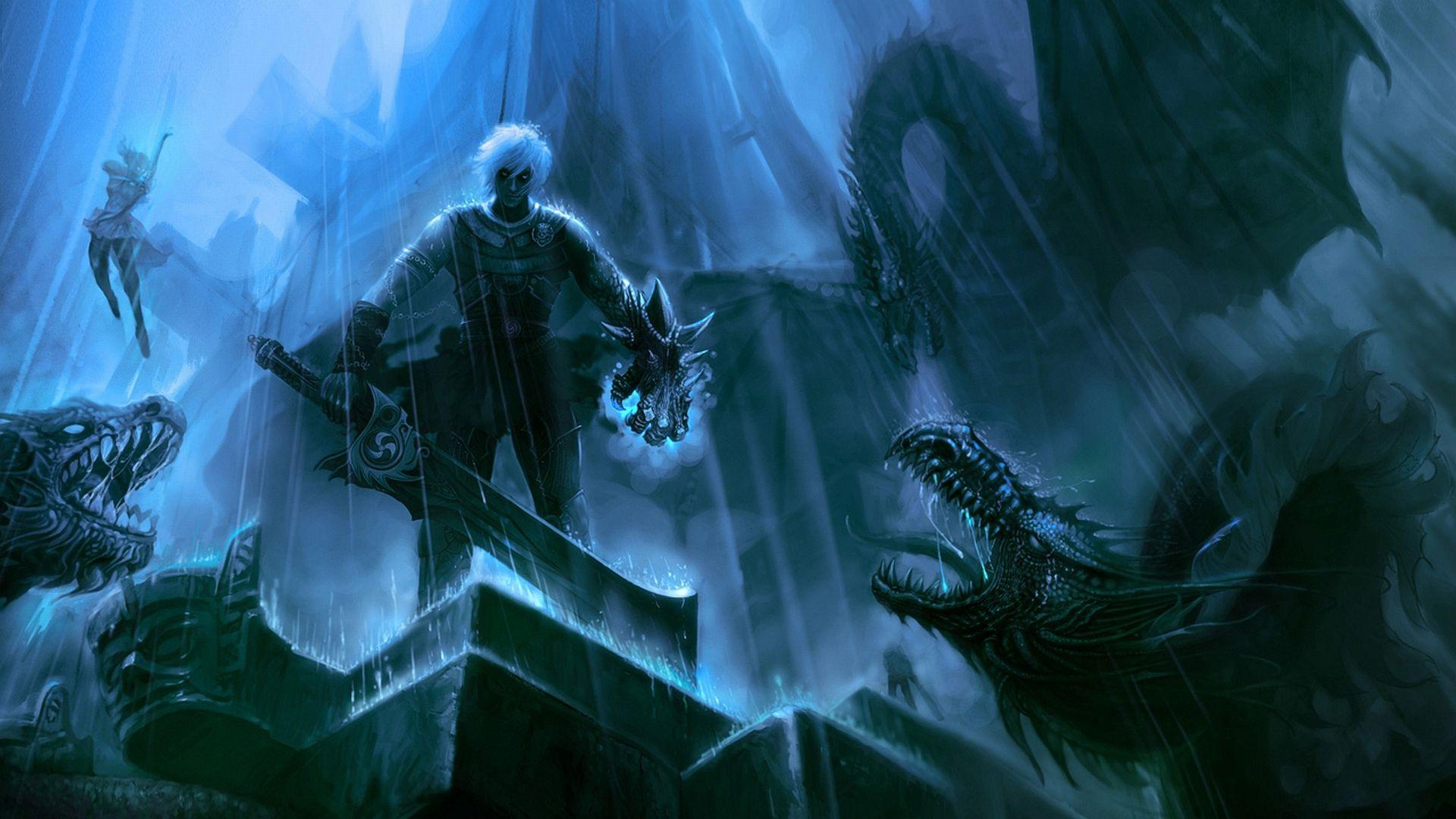 1920x1080 fantasy, Warrior, Dragon, Weapon, Sword, Magic, Blue, Dark