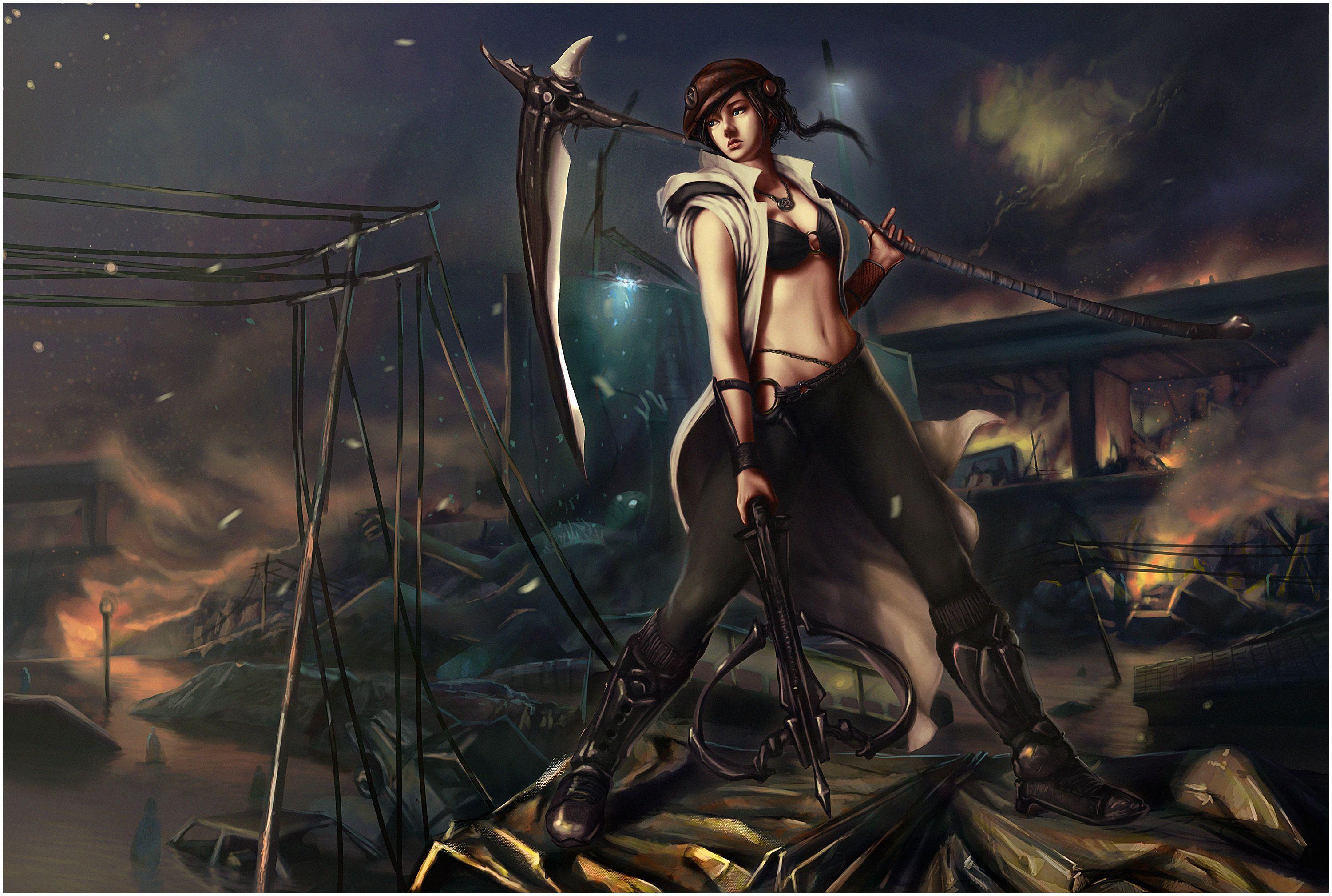 3000x2017 Warriors, Scythe, Fantasy, Girls, Warrior, Dark, Apocalyptic