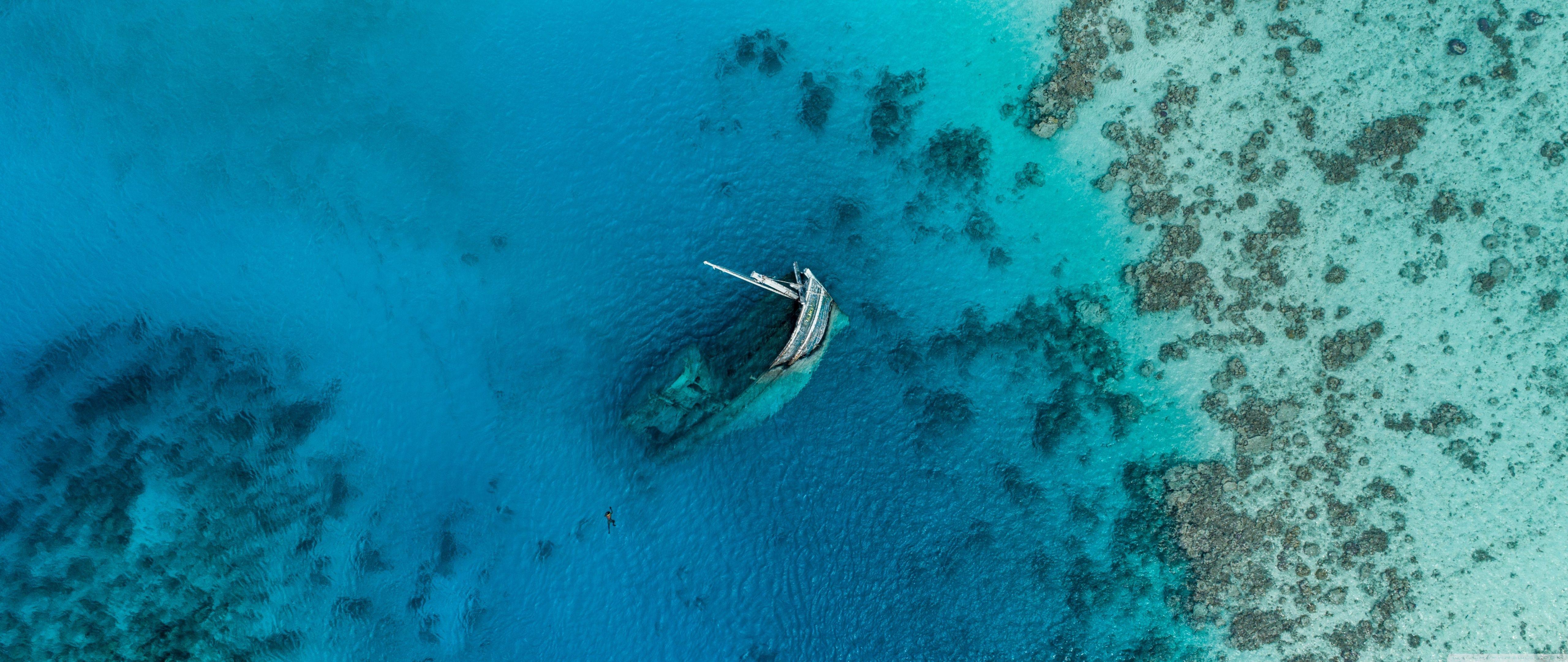 5120x2160 Scuba Diver, Shipwreck Ultra HD Desktop Background Wallpaper