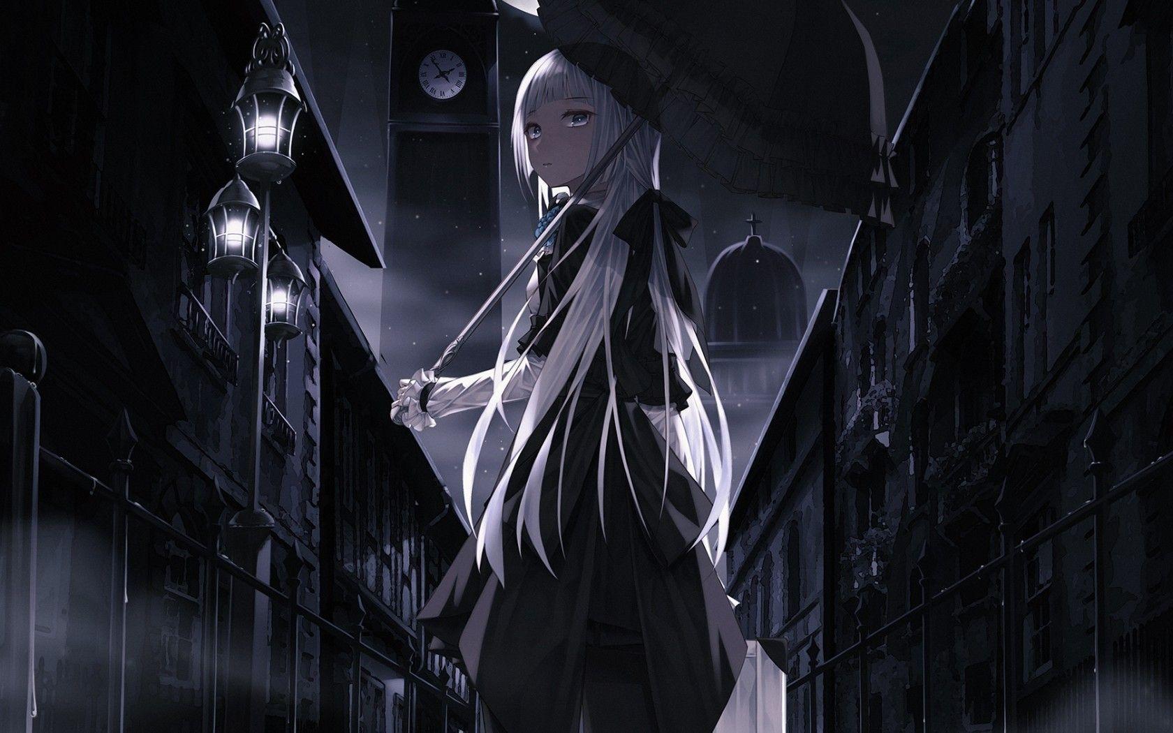 1680x1050 Download 1680x1050 Anime Girl, Umbrella, Dark, White Hair