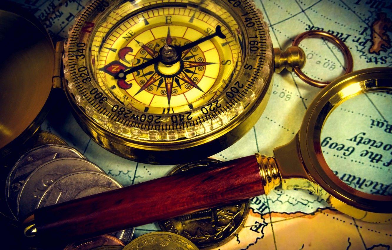 1332x850 Wallpaper blur, coins, magnifier, journey, compass, bokeh