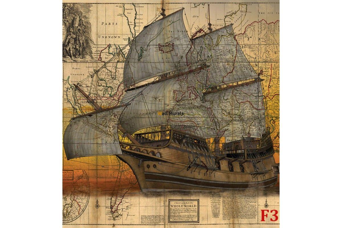 1200x800 Wallpaper mural antique map with sailing ship