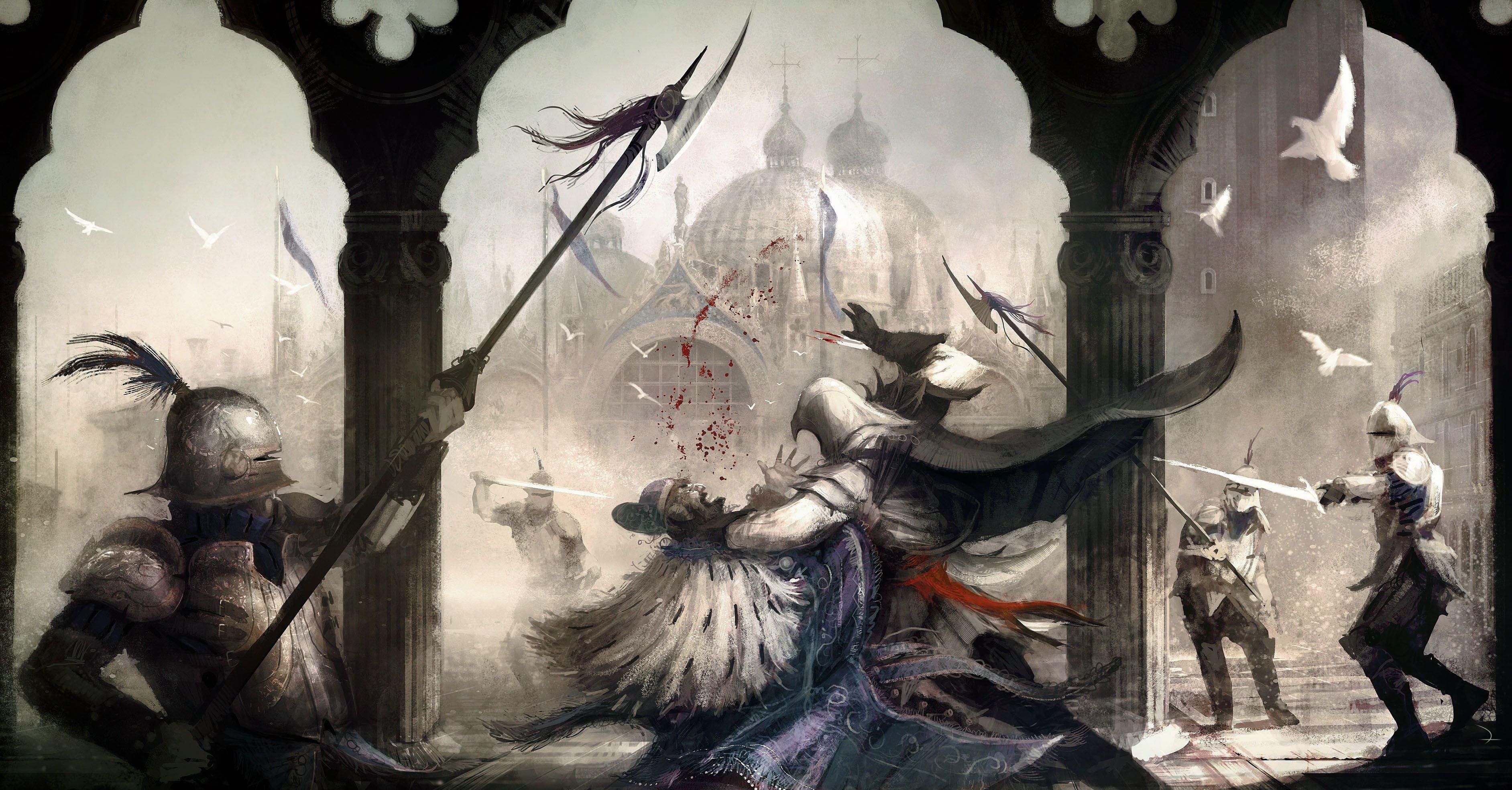 3767x1969 Assassin's Creed digital wallpaper, drawing, Assassin's
