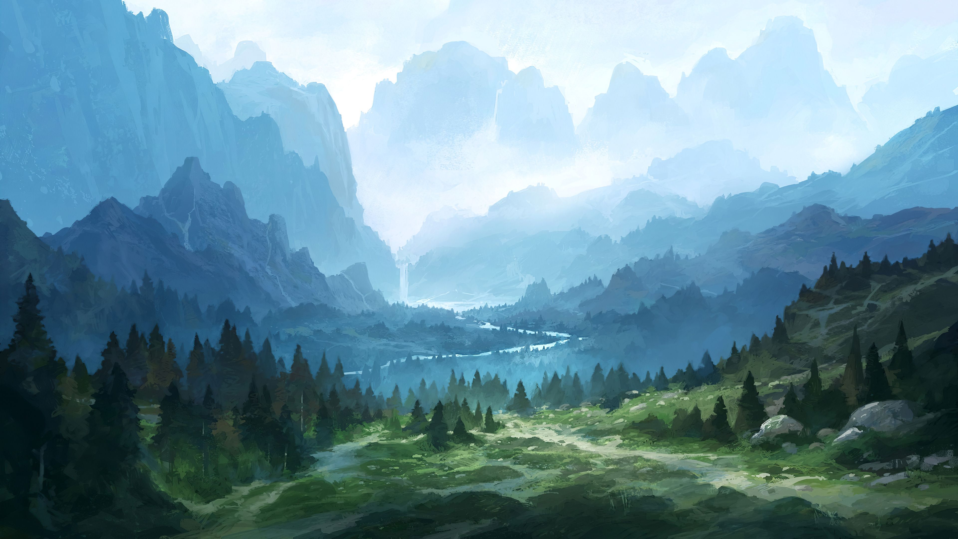 3840x2160 Misty Mountain Wilderness: Artistic 4K Ultra HD Forest Landscape Wallpaperx2160