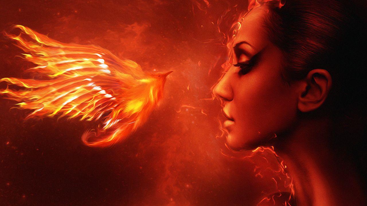1280x720 Wallpaper Phoenix mythology Face Girls Fantasy Fire Magical