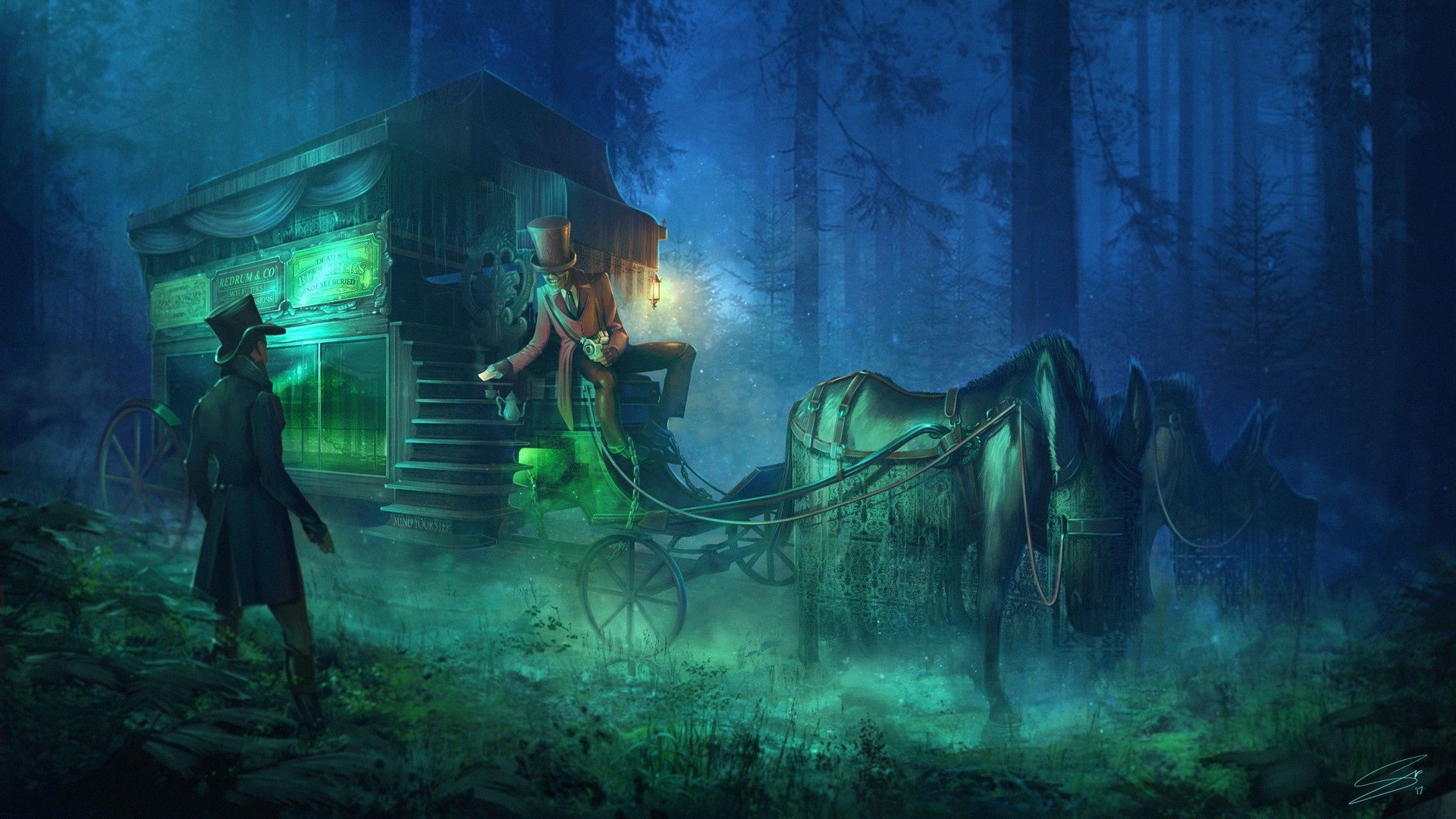 1920x1080 Wallpaper forest, coach, hearse