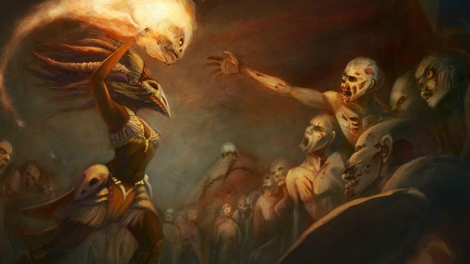 1600x900 #fantasy art, #skull, #fantasy girl, #Diablo III