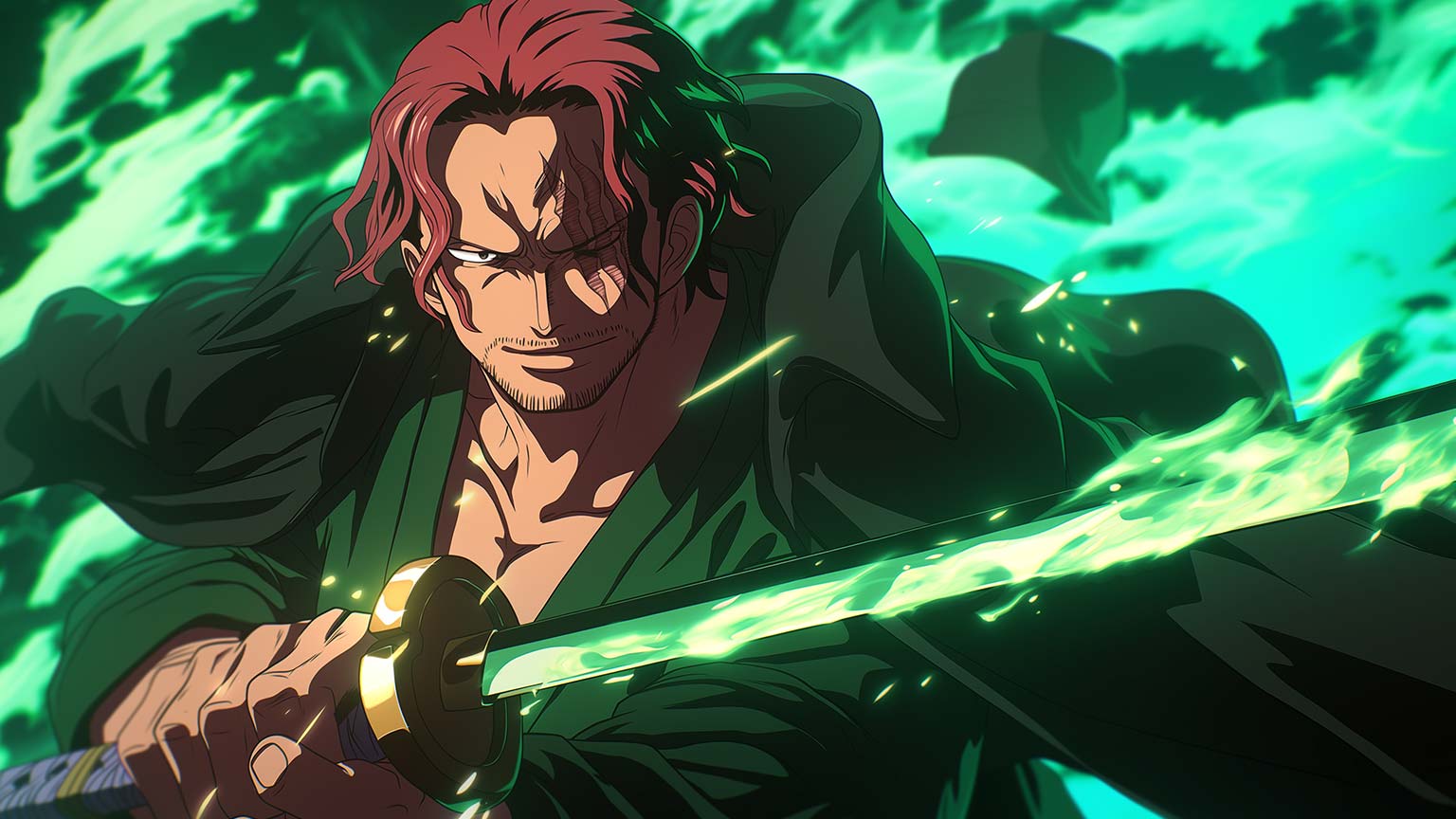 1536x864 One Piece Shanks Green Fire Desktop