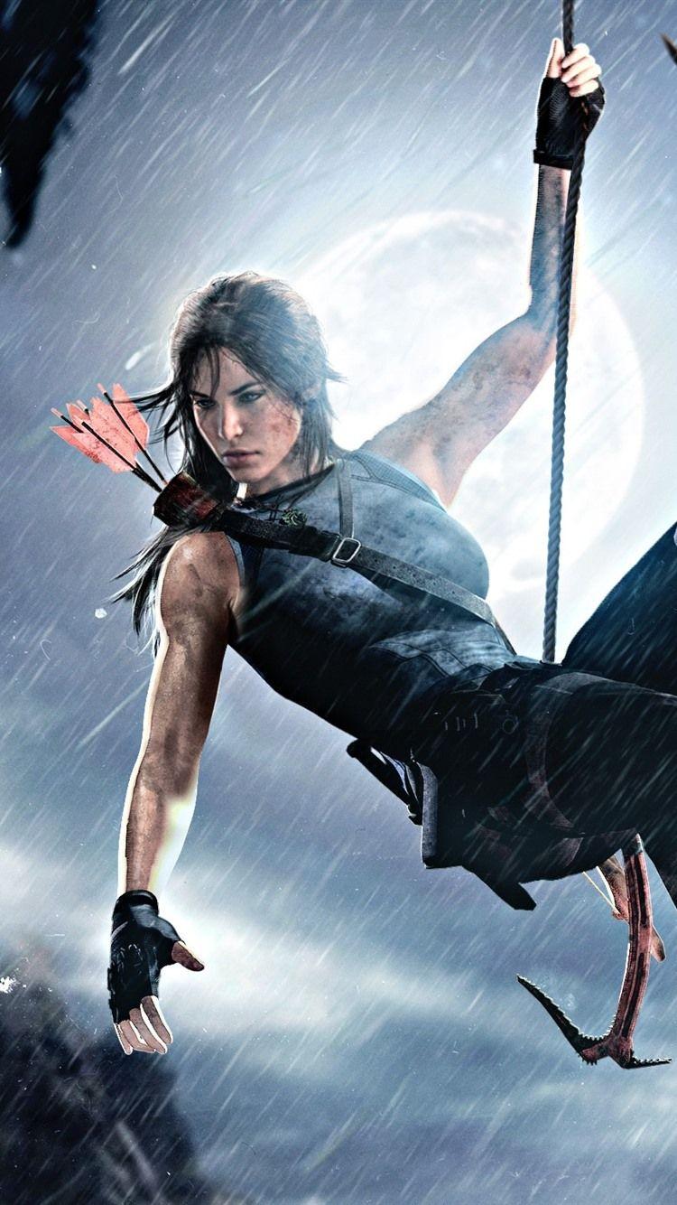 750x1334 Tomb Raider, Lara Croft, rope, rainy, moon, night 750x1334