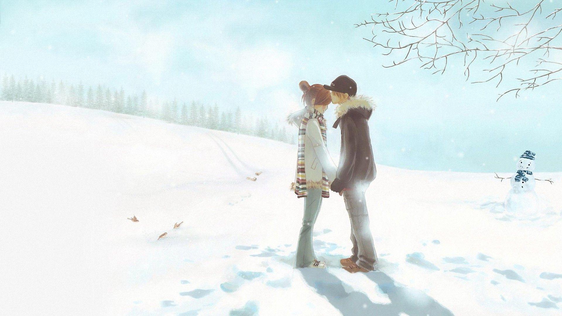 1920x1080 Cute Cartoon Couple Snow HD Background