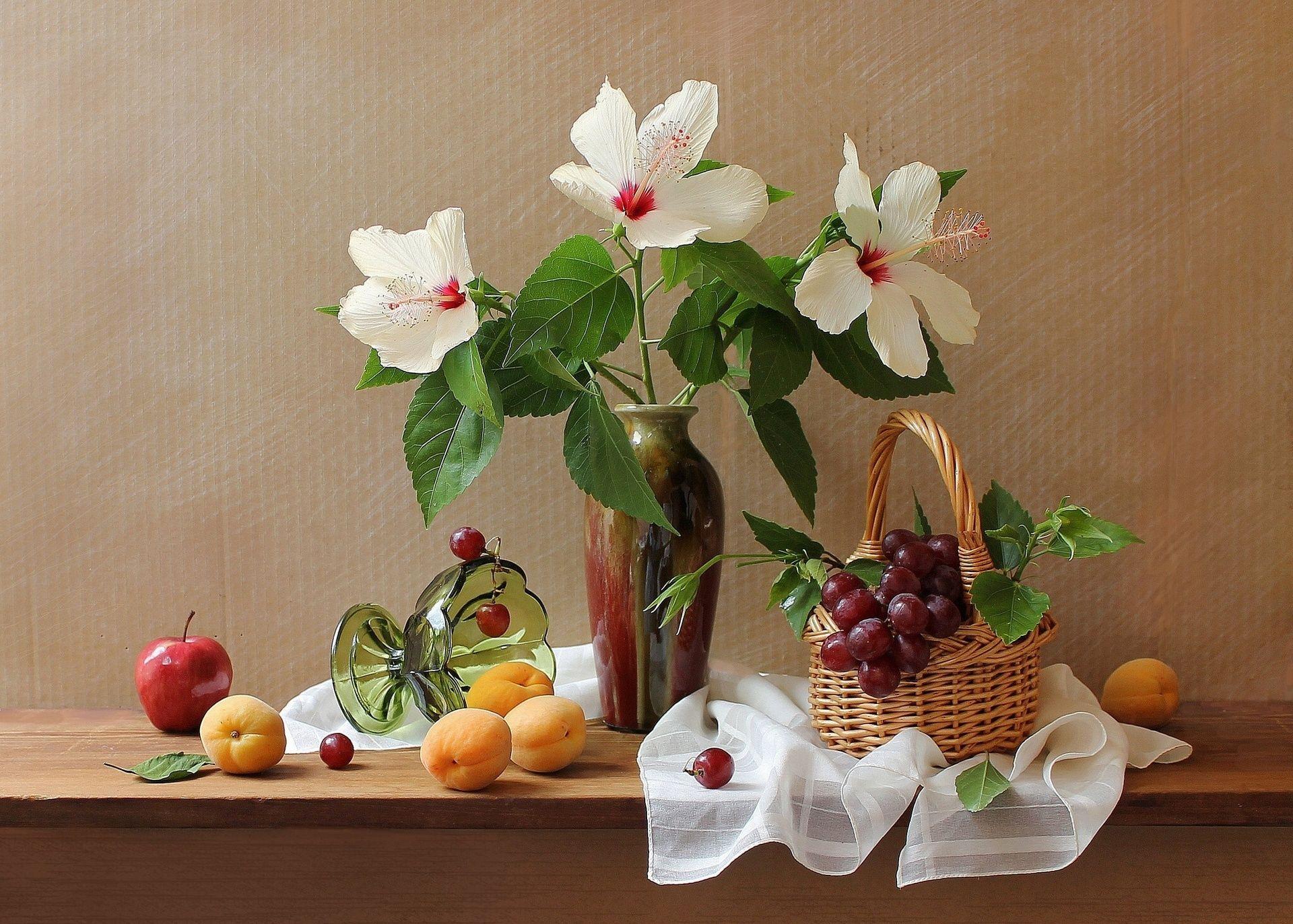 1920x1373 apricots, Grapes, Apples, Flowers, Hibiscus, Basket, Vase