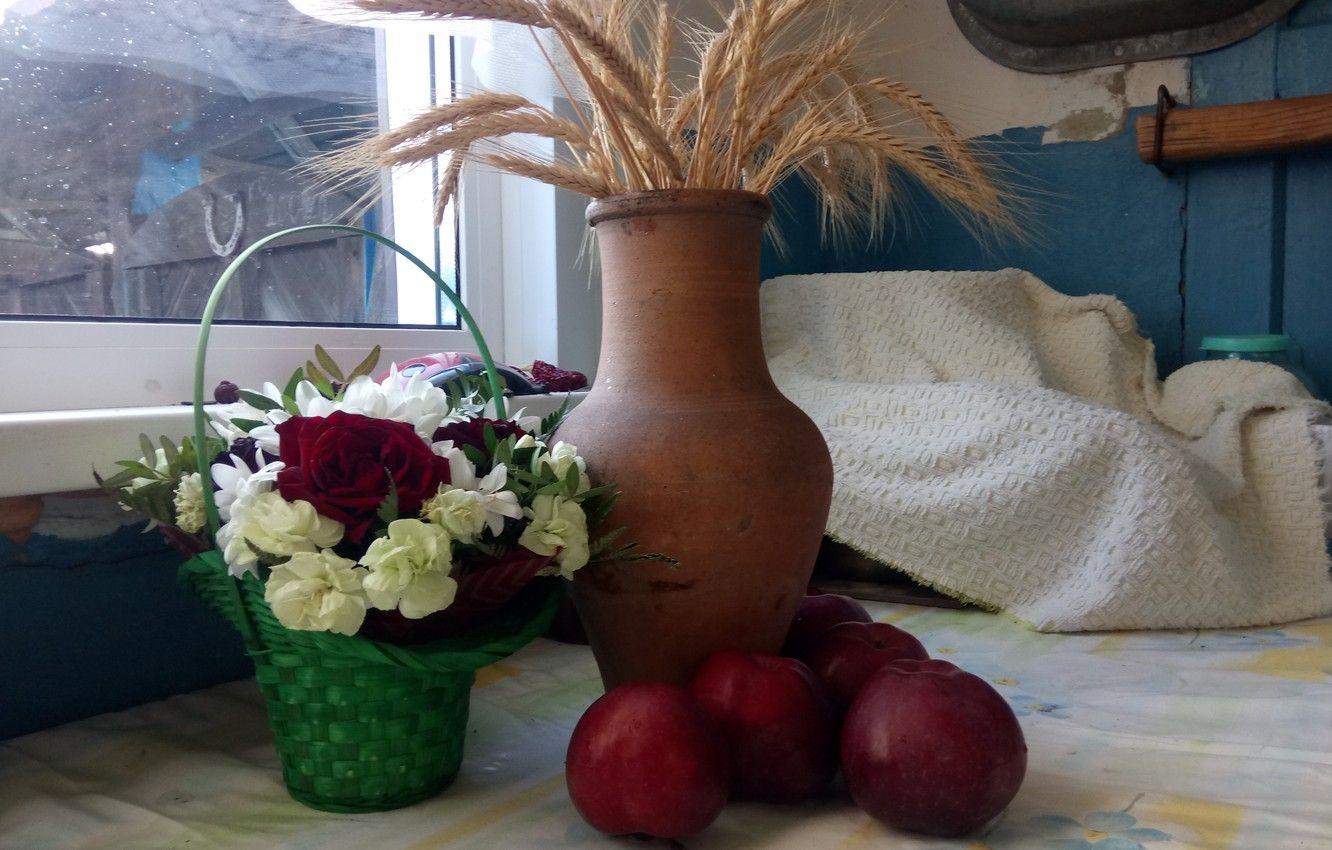 1332x850 Wallpaper Flowers, Still life, Pitcher, Яблочки image