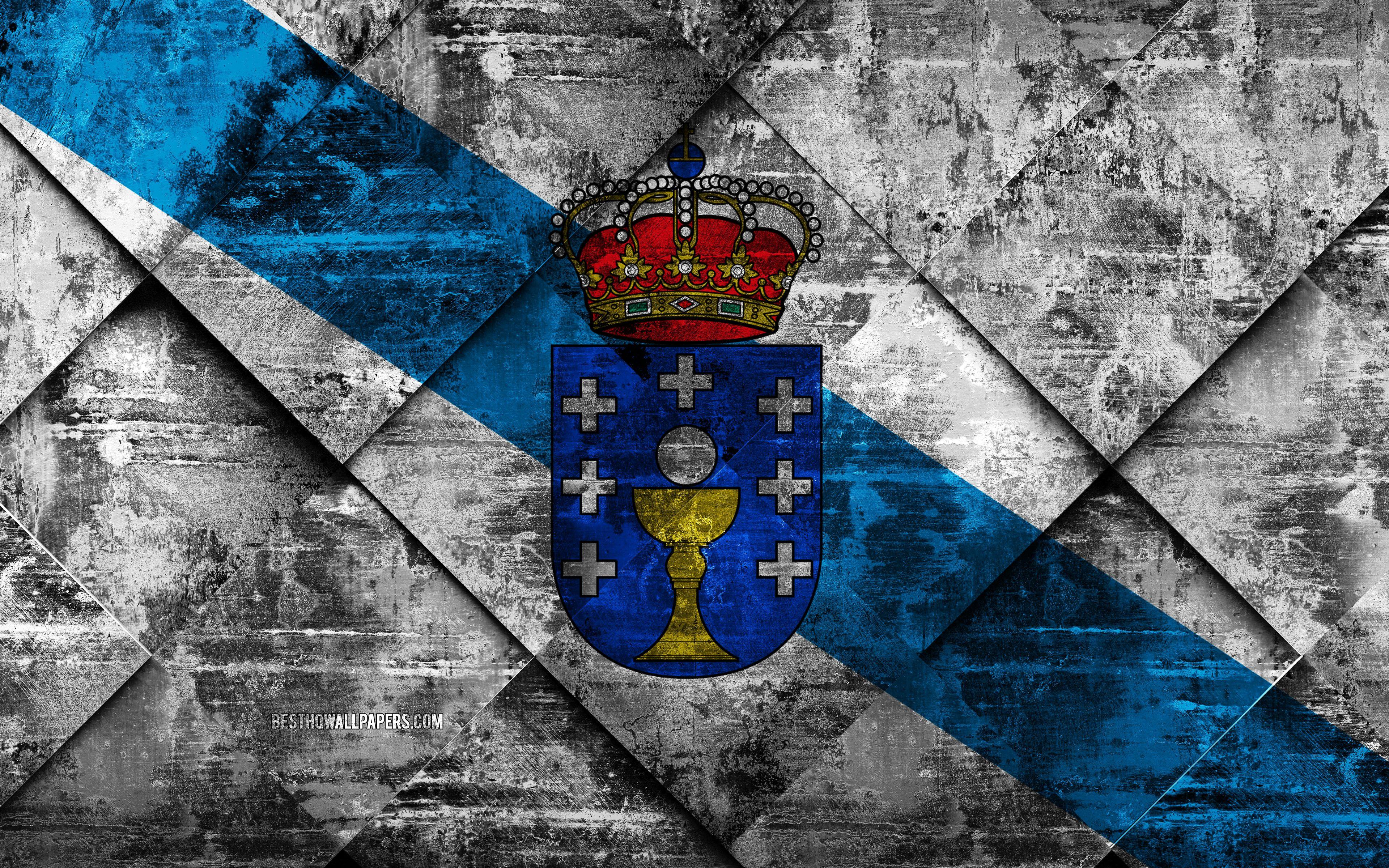 3840x2400 Download wallpaper Flag of Galicia, grunge art, rhombus