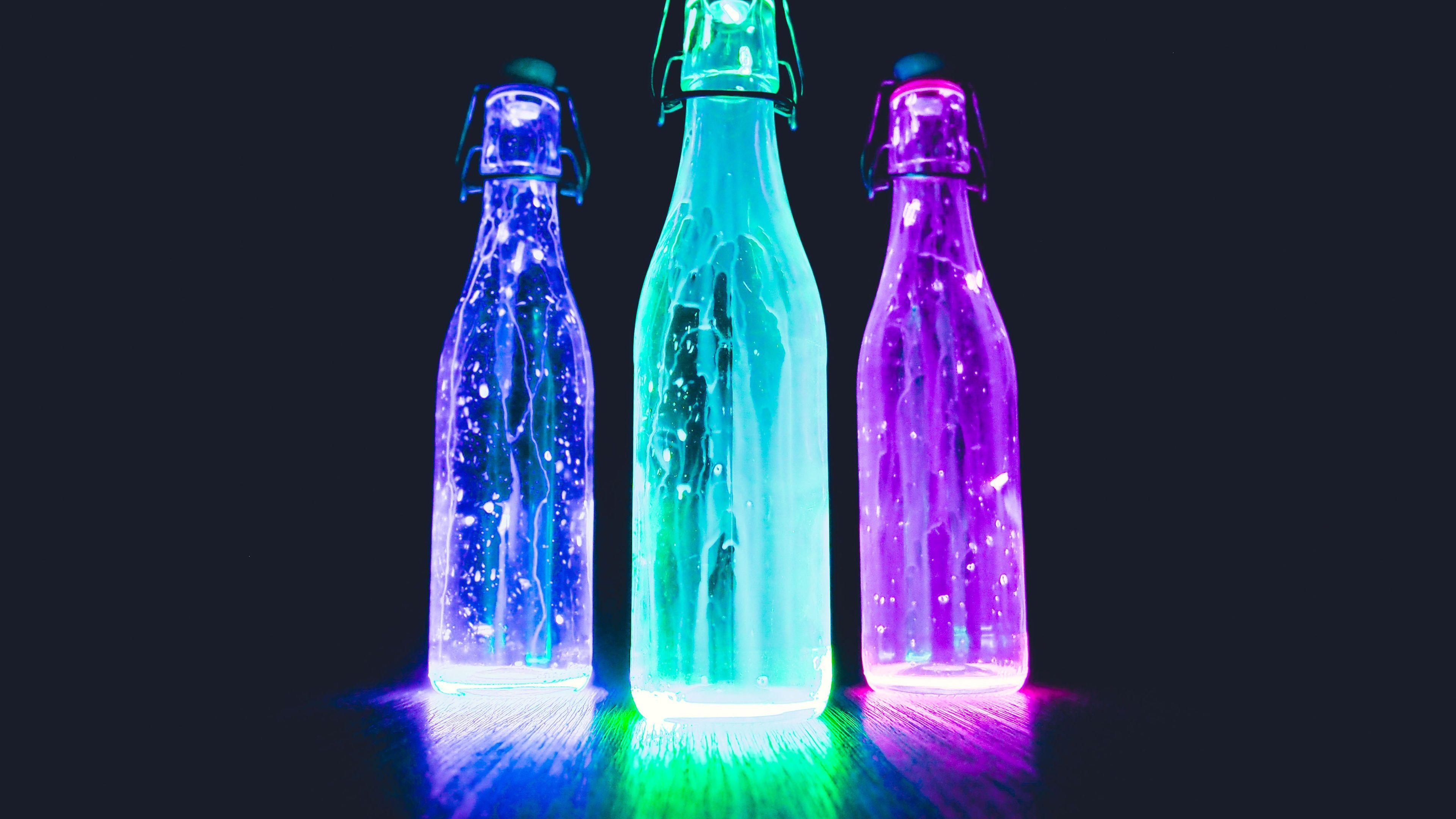 3840x2160 Wallpaper Glow light bottles, neon, liquid, black background