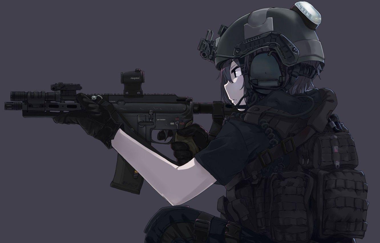 1332x850 Wallpaper girl, gun, soldier, military, weapon, anime, black ops, asian, rifle, japanese, gloves, pearls, oriental, asiatic, uniform, special forces image for desktop, section прочее