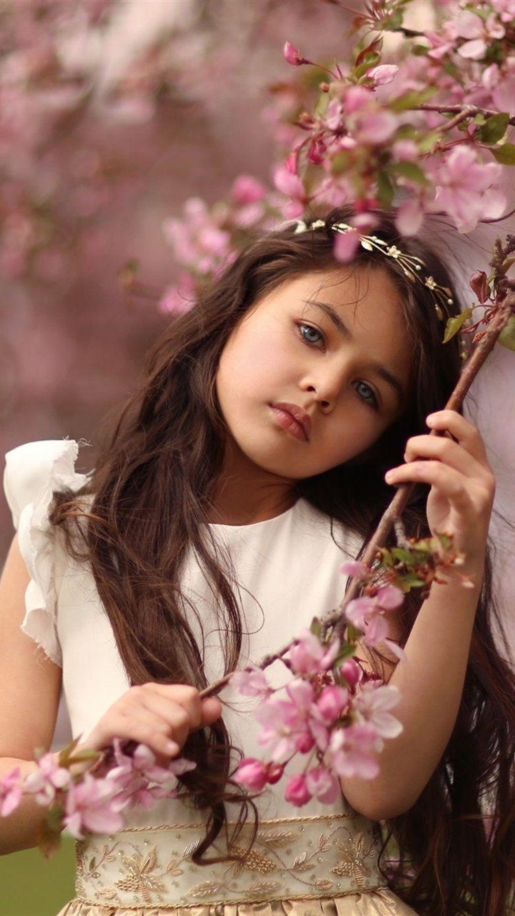 750x1334 Cute Little Girl, Pink Cherry Flowers 750x1334 IPhone 8 7 6