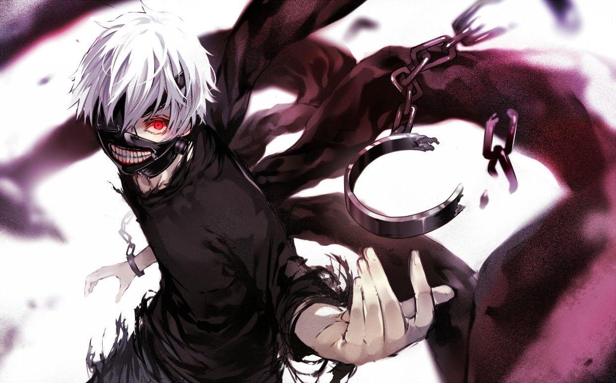 1242x772 Wallpaper : monochrome, white hair, anime boys, cartoon, red eyes