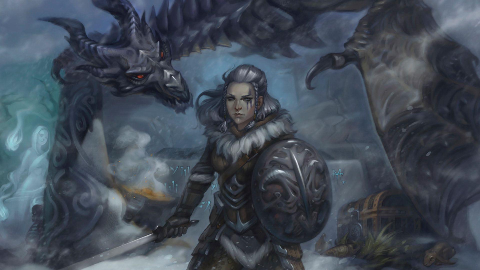 1920x1080 Picture The Elder Scrolls V: Skyrim Shield Warriors Girls 1920x1080