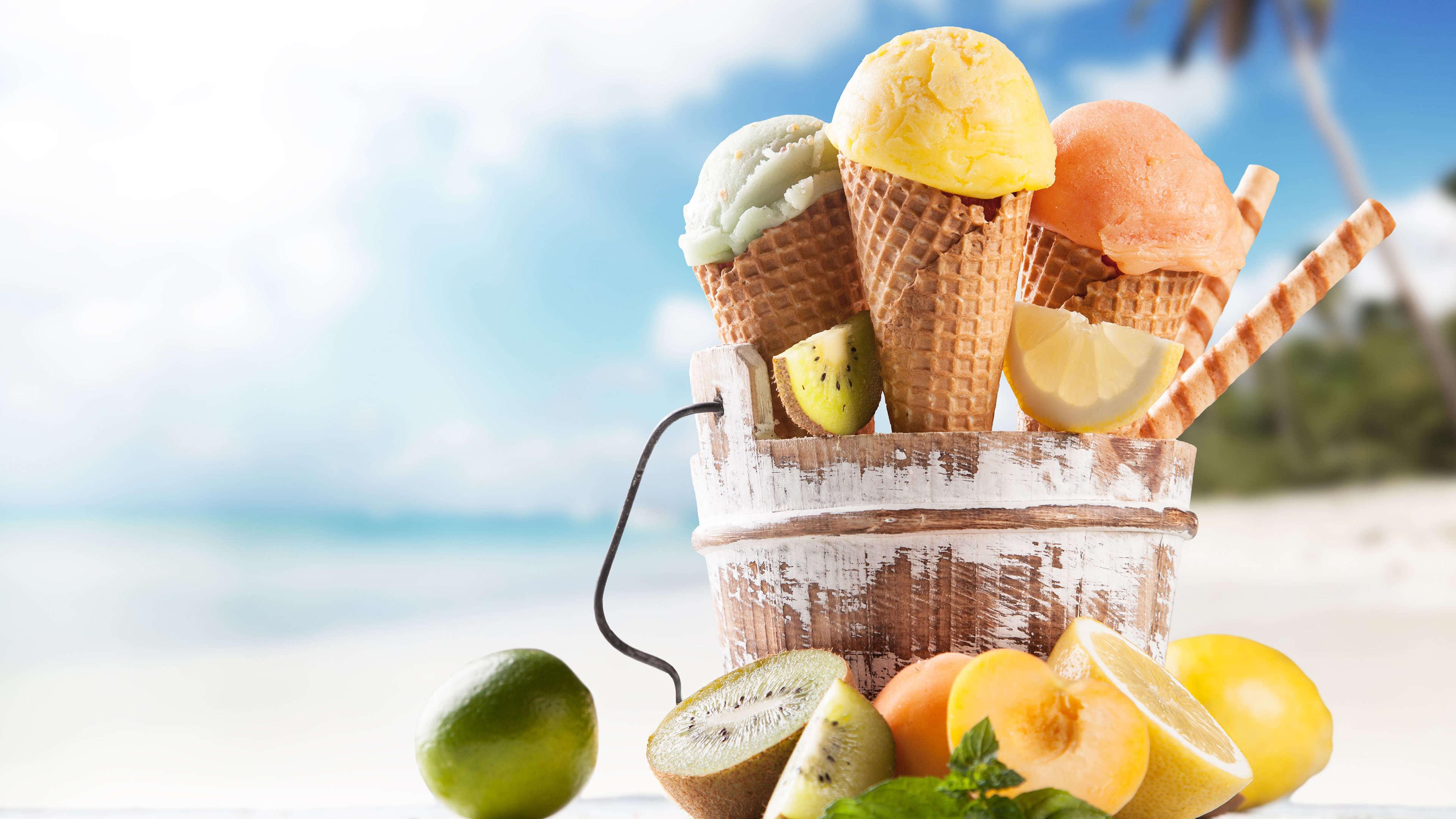 3840x2160 Ice Cream And Fruits On Beach UHD 4K Wallpaper