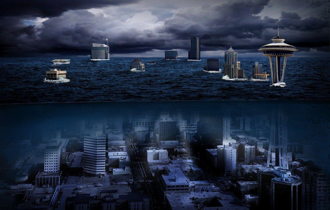 1332x850 Wallpaper sea, night, city, the city, tower, Washington, Seattle, USA, USA, Space Needle, tower, Seattle, sea, night, Underwater, Washington image for desktop, section фантастика
