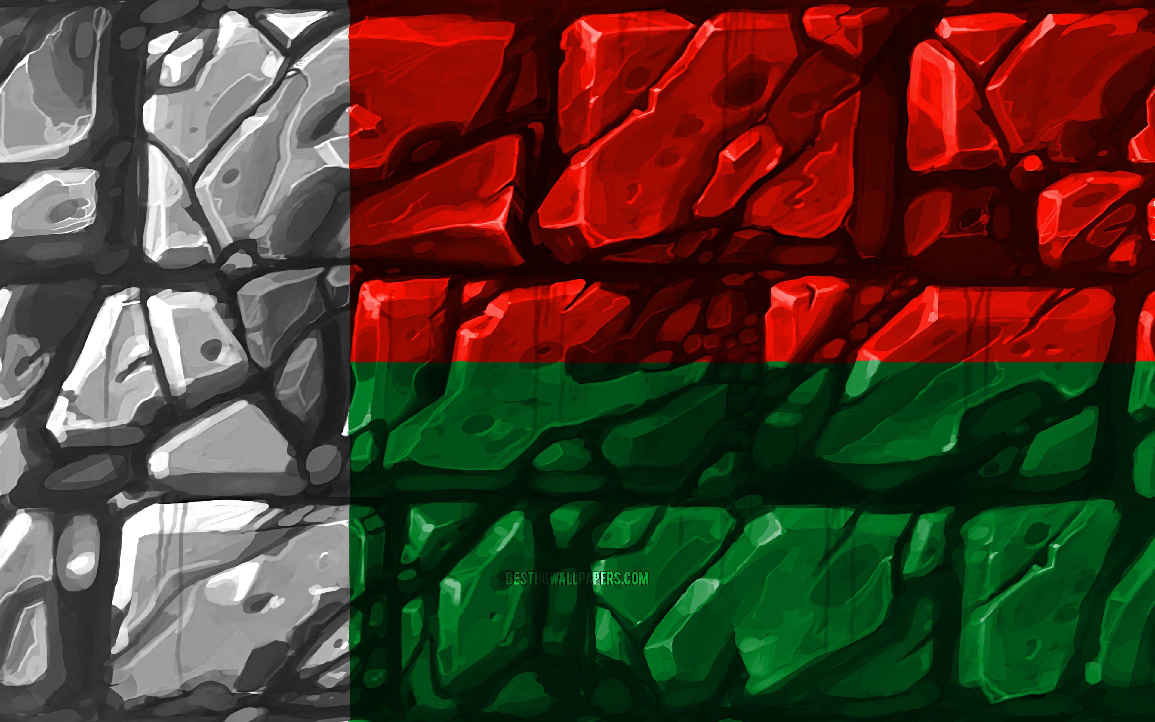 3840x2400 Download wallpaper Madagascar flag, brickwall, 4k, African