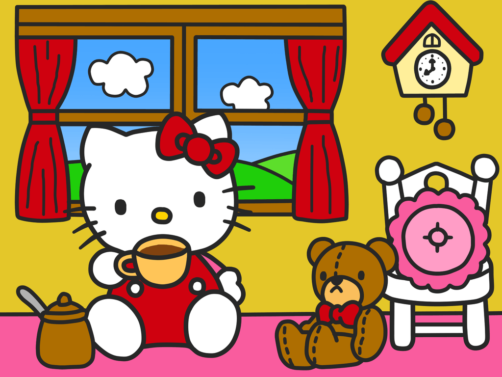1024x768 Hello Kitty Wallpaper (Kitty Drink Coffee)