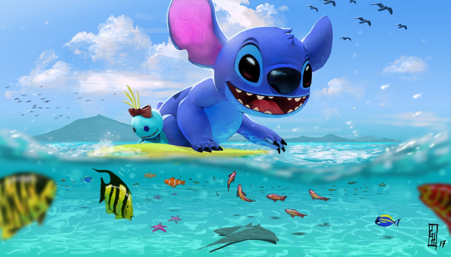 1920x1097 Wallpaper sea, art, Stitch, children's