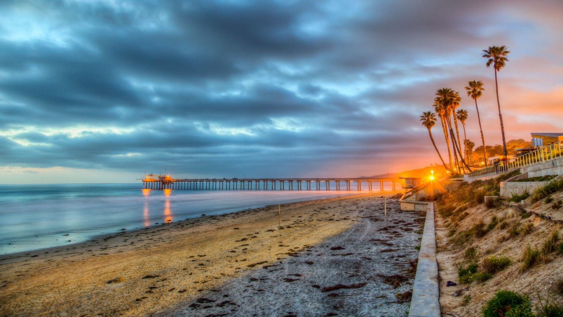1920x1080 Beach: Scripps Pier La Jolla California Clouds Lights Twilight Beach