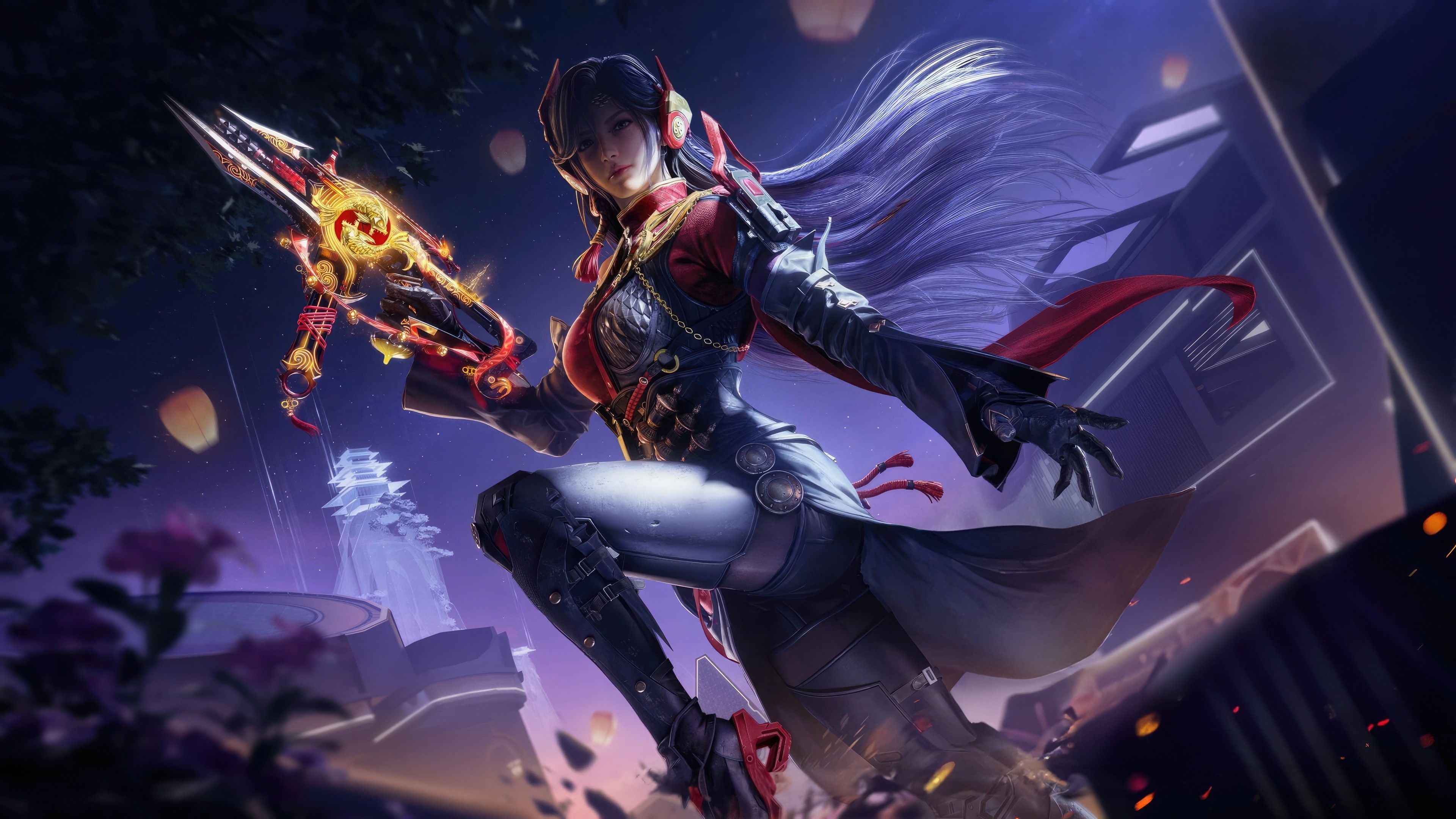 3840x2160 Wallpaper girl, night, weapons