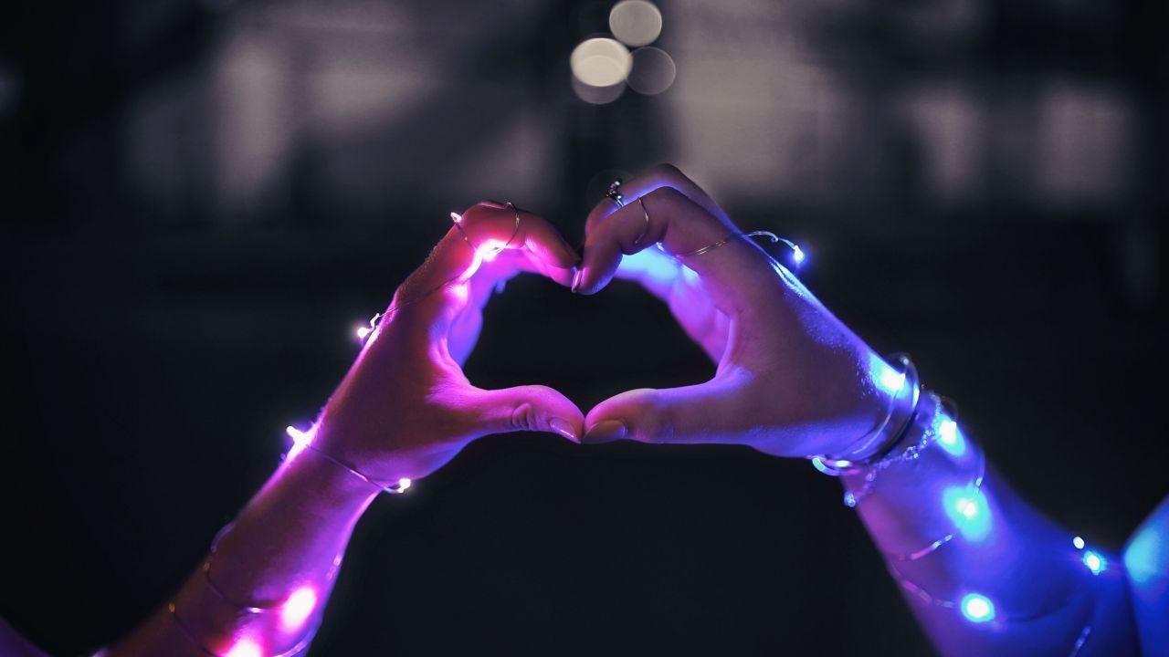 1280x720 Wallpaper Love heart, LED lights, Hands, 5K, Love