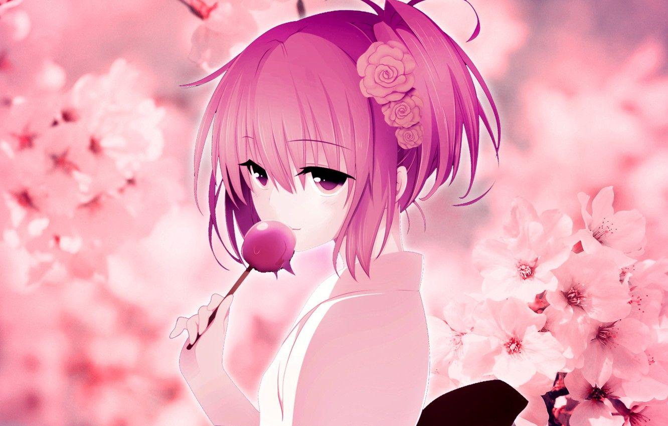 1332x850 Wallpaper girls, Sakura, kimono, pink hair, cherry blossoms