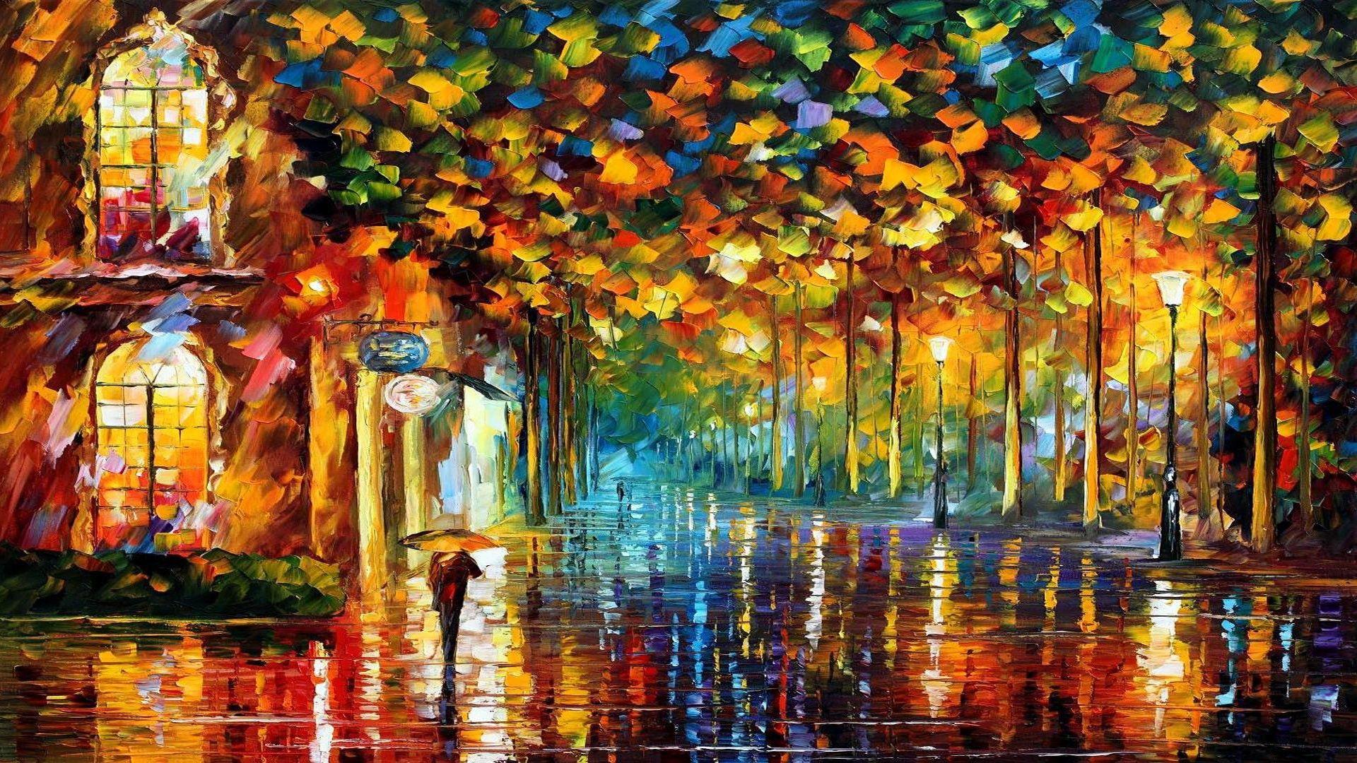 1920x1080 Autumn Street Painting Wallpaper free desktop background