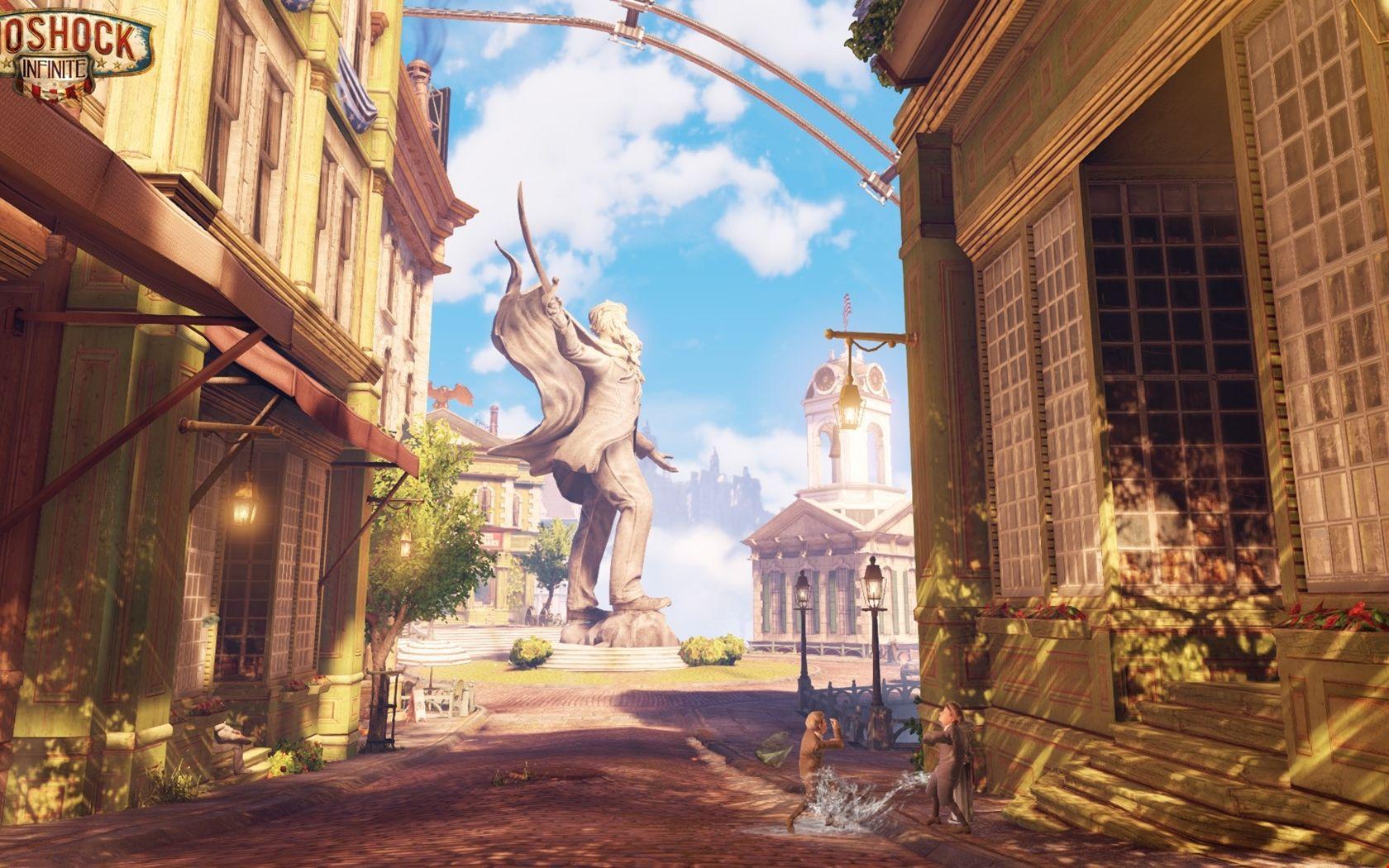 1680x1050 1k bioshock infinite, statues, buildings Background
