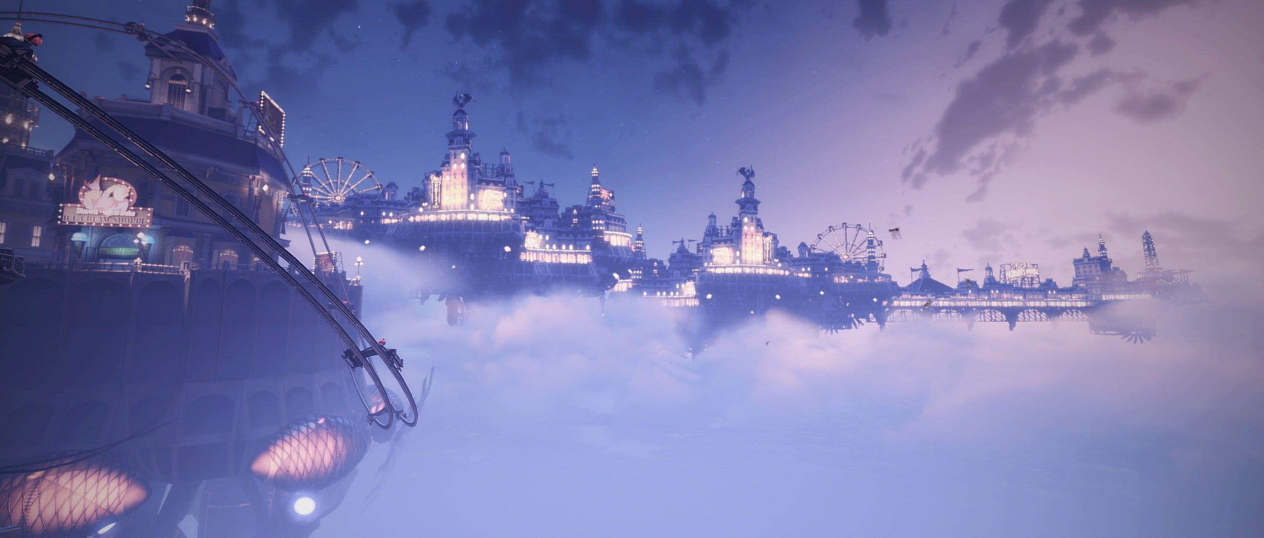 2560x1090 Flying island with building during daytime anime scene HD wallpaper