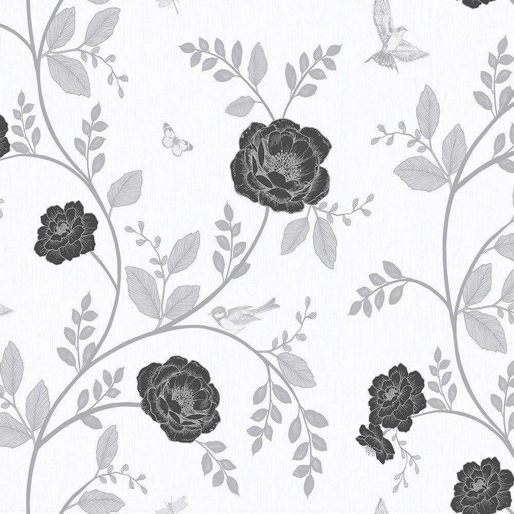 1000x1000 Wilko Rosanna Floral Black and White Wallpaper