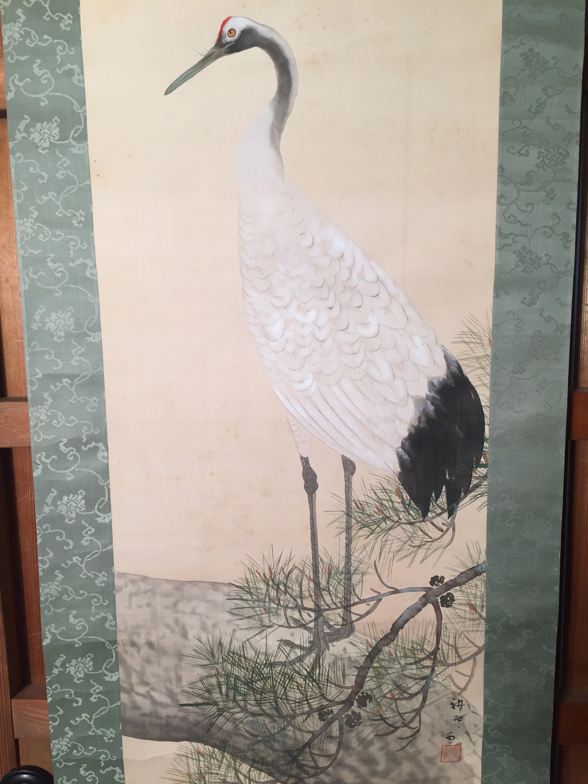 2448x3264 Magnificent Red Crowned Crane Japan Antique Hand Painted Silk Scroll