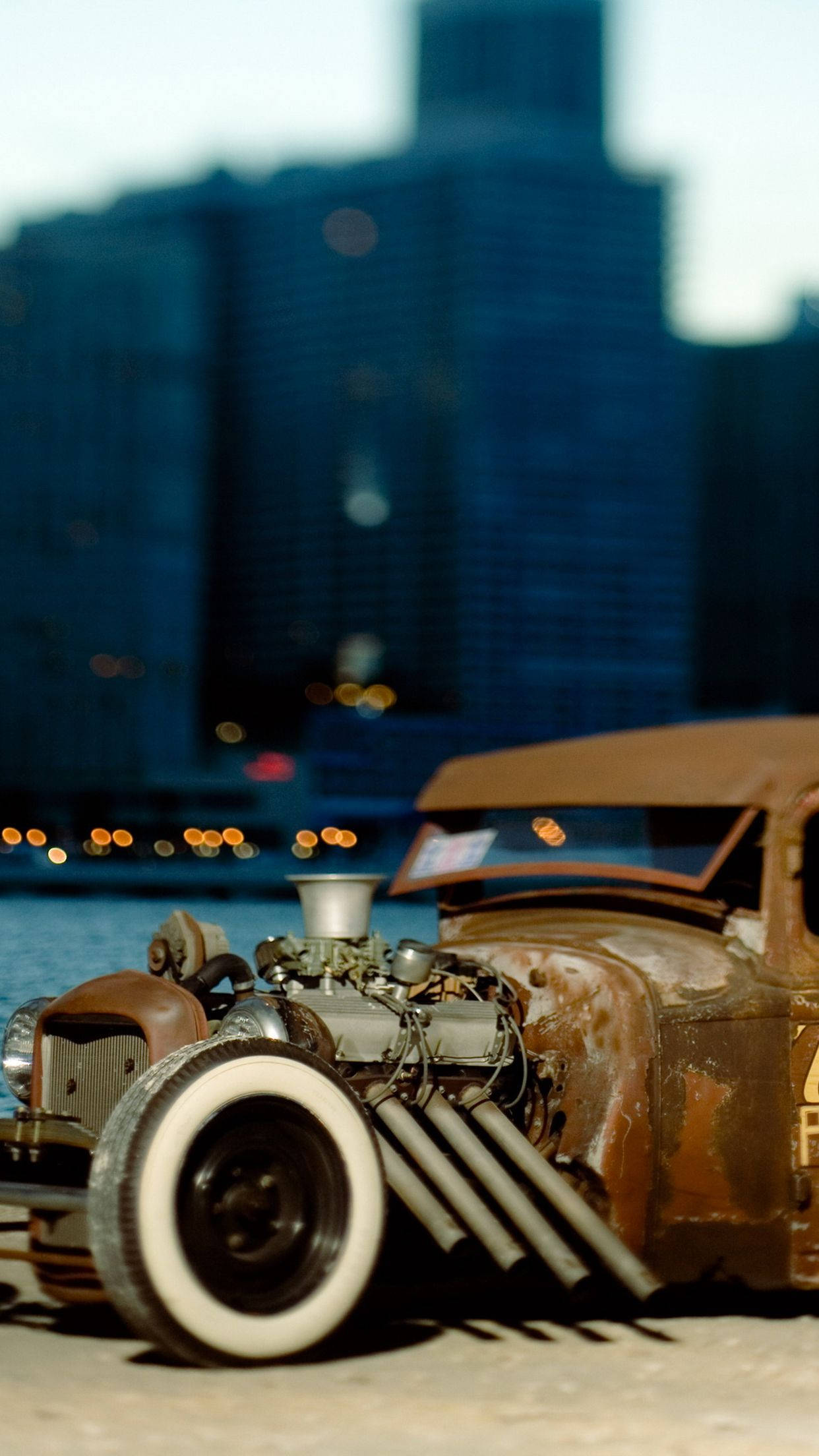 1242x2208 Caption: Vintage Rat Rod Car In City