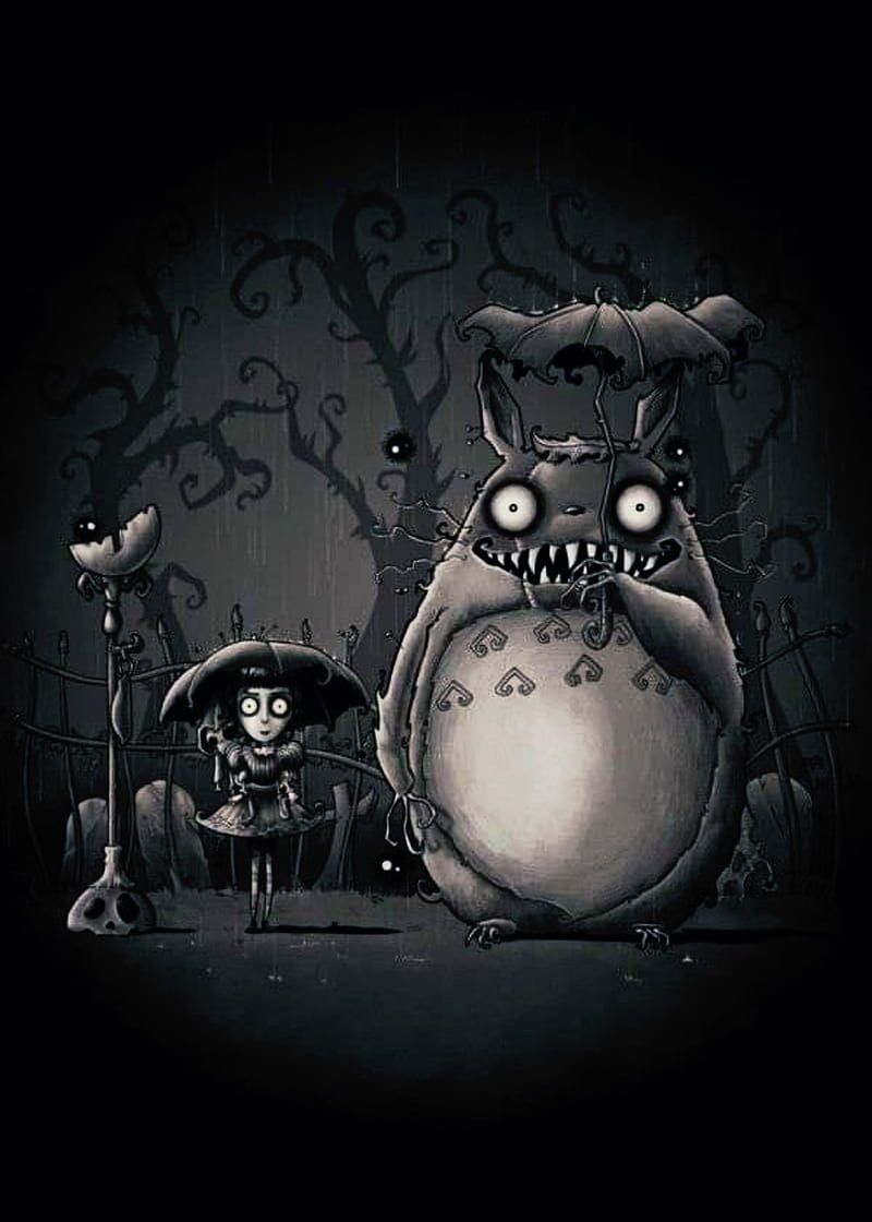 800x1120 Totoro, anime, dark, hayao miyazaki